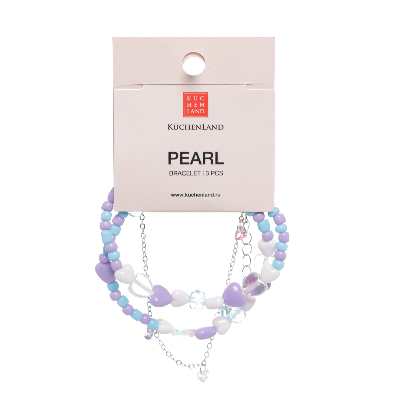 Браслет, 19/21 см, 3 шт, пластик/металл, микс, Яркие бусины и сердца, Pearl color