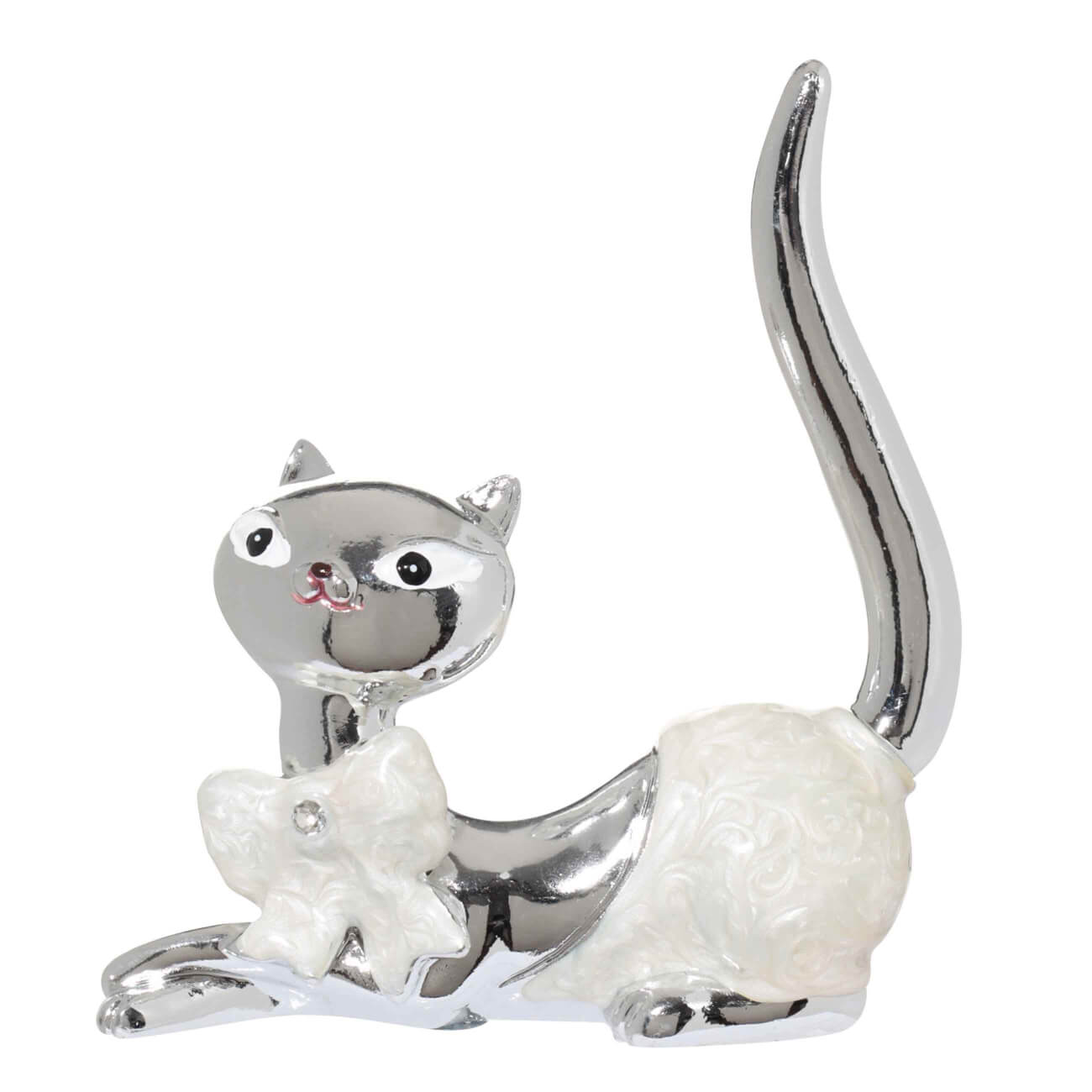 Держатель для украшений, 9 см, полирезин, серебристый, Кошка с бантом, Cat изображение № 1