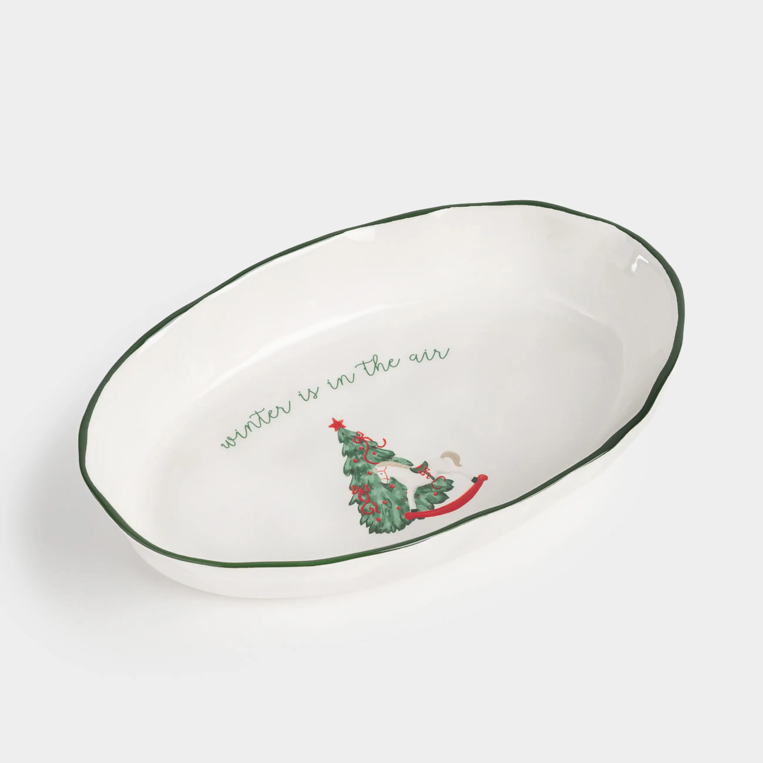 Блюдо, 28х17х5 см, с бортами, керамика, овальное, Лошадка с елкой, Сhristmas green