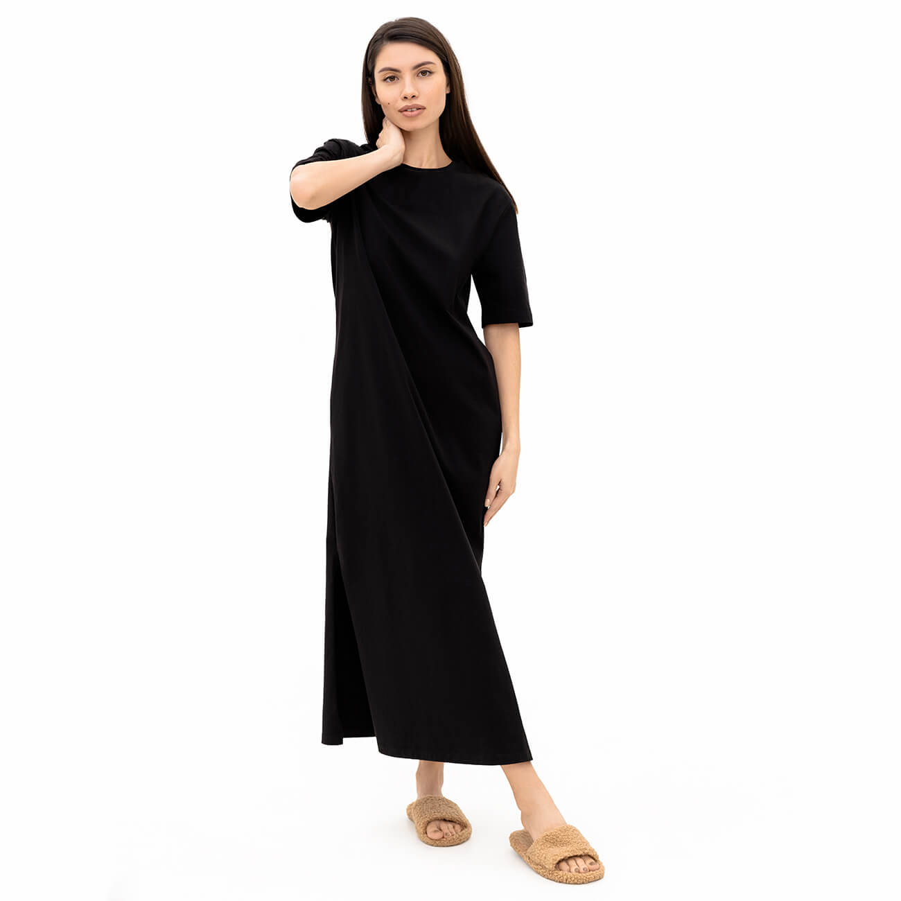 Платье-футболка женское, макси, р. M, с разрезами, хлопок, черное, Andrea - фото 1