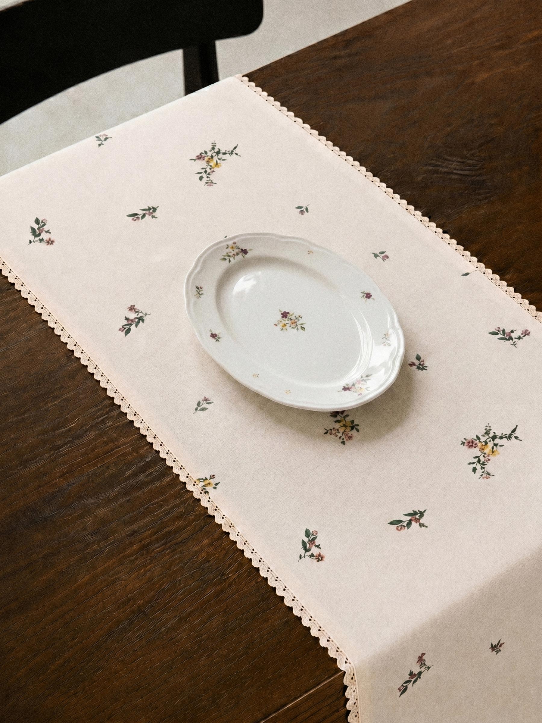 Дорожка настольная, 40х160 см, с кружевом, хлопок, бежевая, Цветы, El flower, image-3