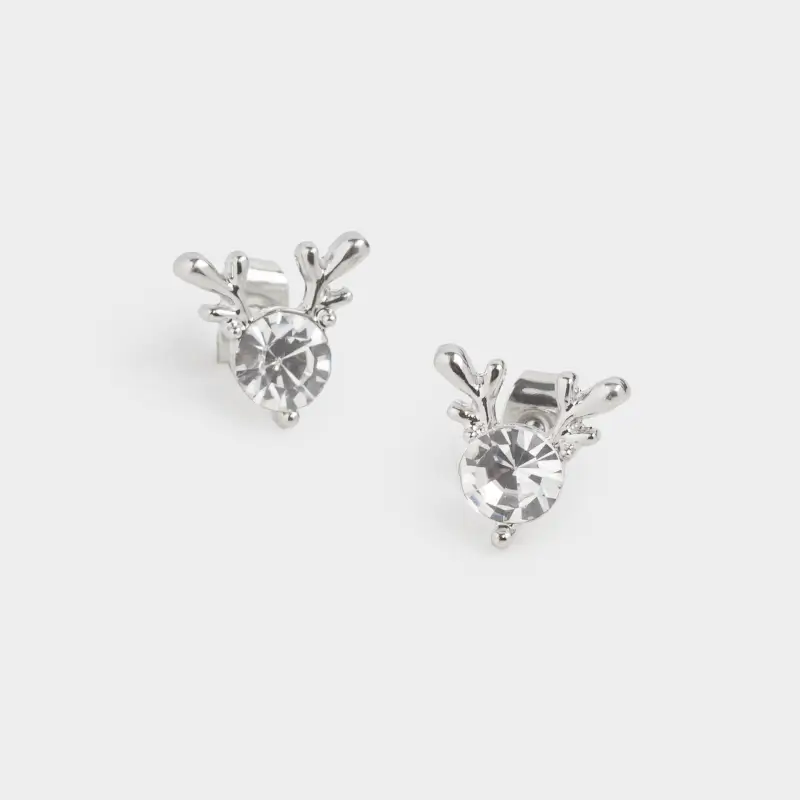 Серьги-пусеты, 1 см, 2 шт, металл/стразы, серебристые, Олени, Sparkly deer ,image-0