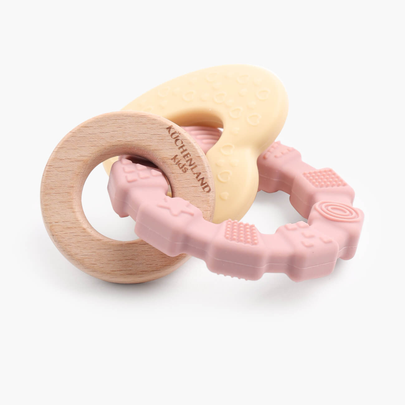 Игрушка-прорезыватель, 2 подвески, на кольце, силикон/дерево, розовая, Сердце, Kiddy игрушка пищащая ботинок для собак 9 5 см розовая