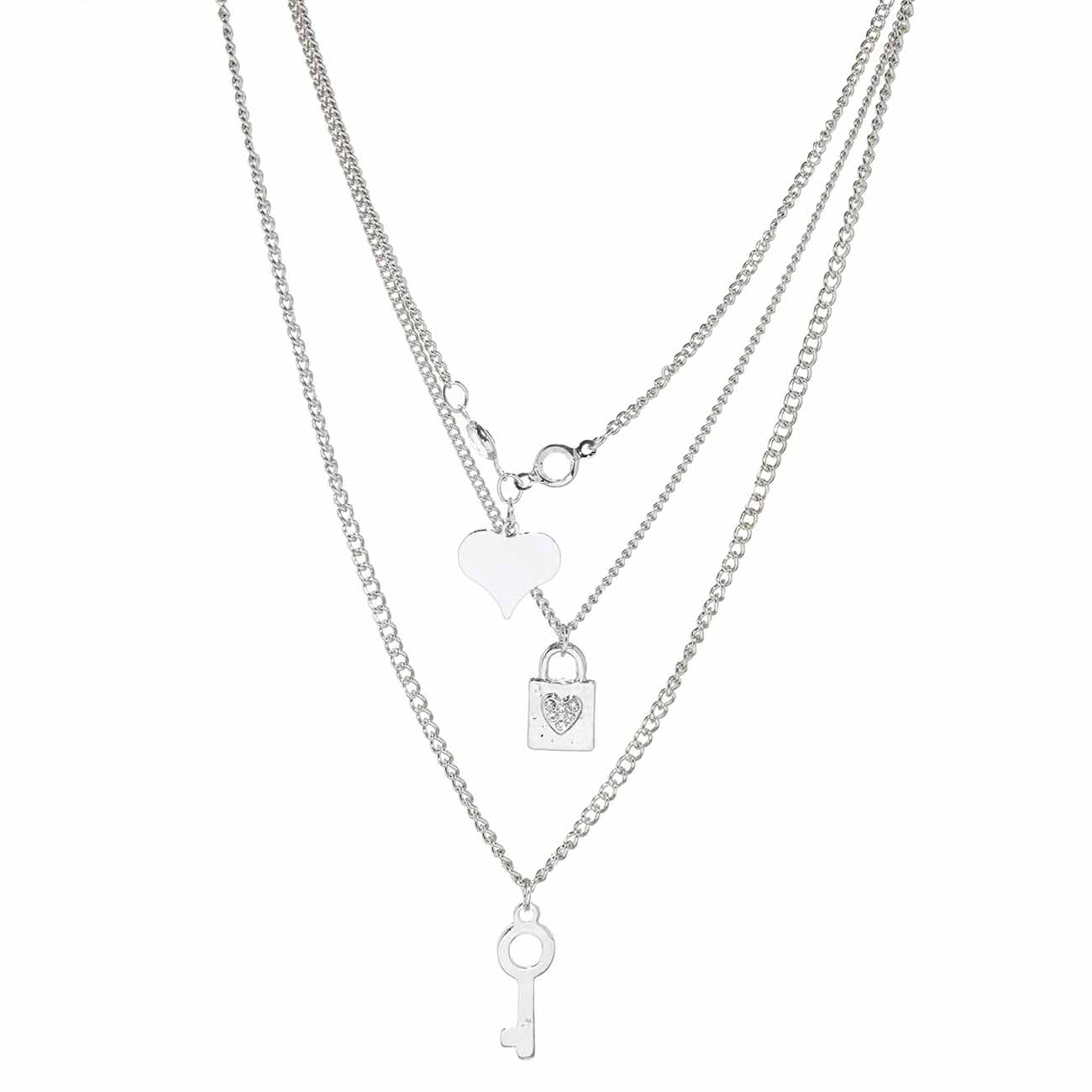 Набор цепочек, 3 шт, с подвесками, металл/стразы, серебристый, Ключик/Сердце, Jewelry изображение № 2