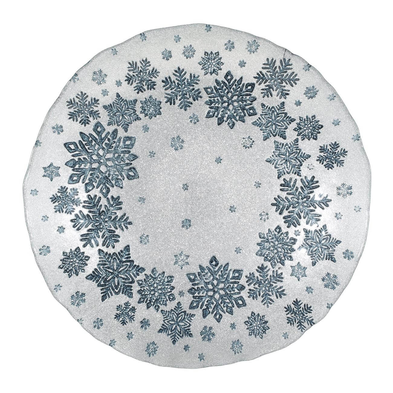 Блюдо глубокое, 33х5 см, стекло, серебристо-синее, Снежинки, Snow glaze - фото 1