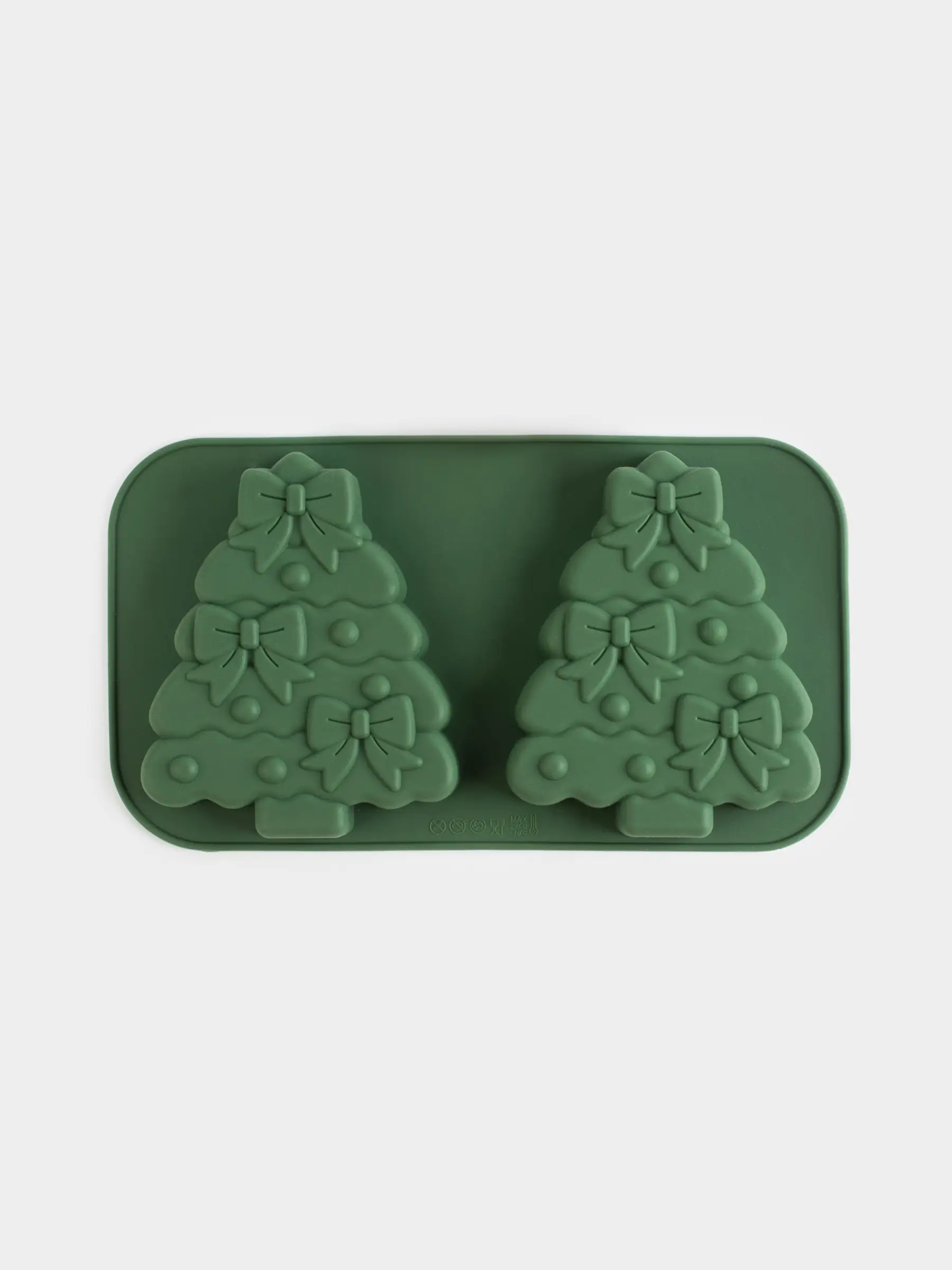 Форма для выпечки кексов, 27х15 см, 2 отд, силикон, зеленая, Елки с бантами, Bakery color