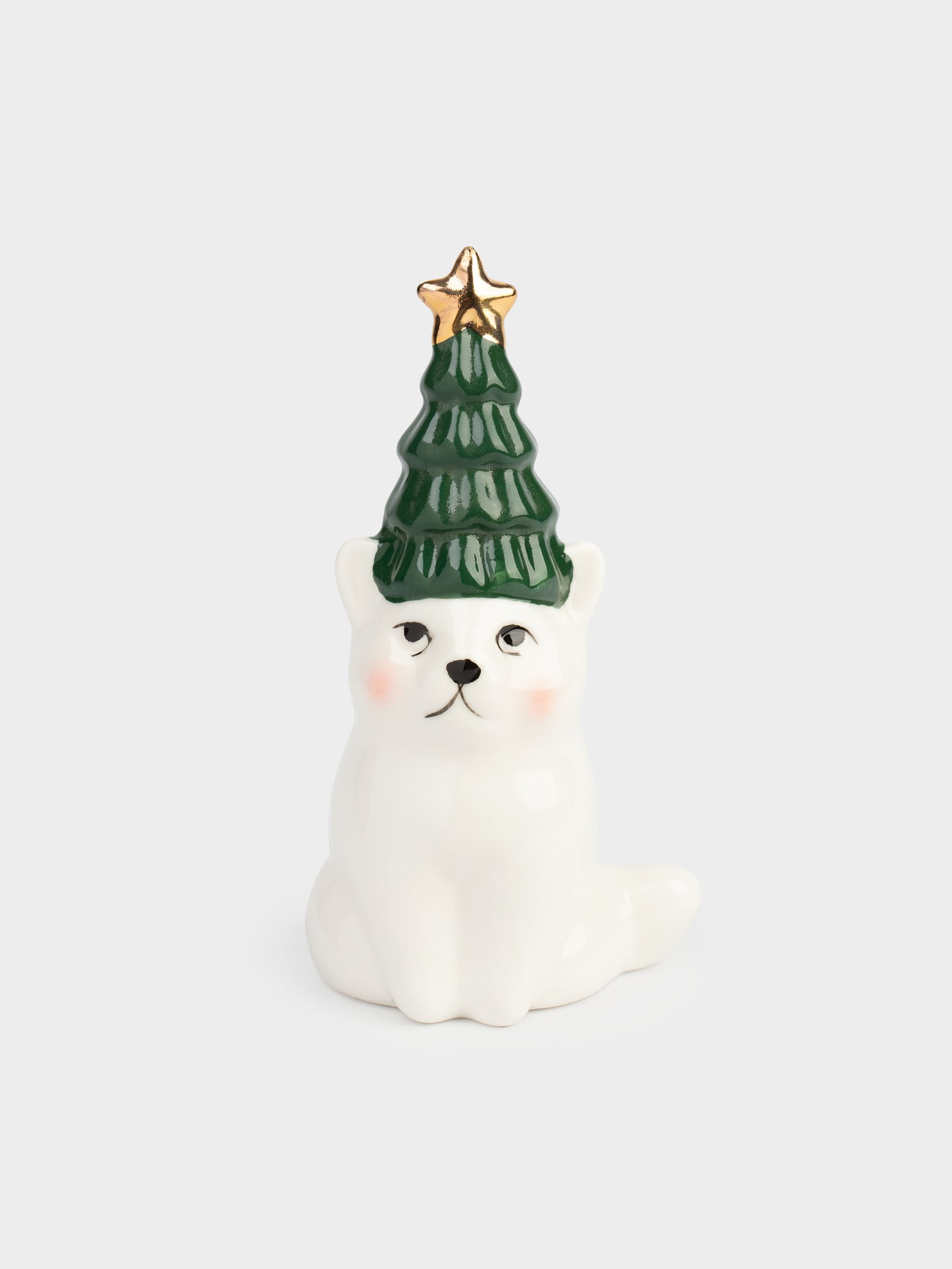 Статуэтка, 13 см, фарфор P, бело-зеленая, Кот с елкой, Christmas cat, image-0