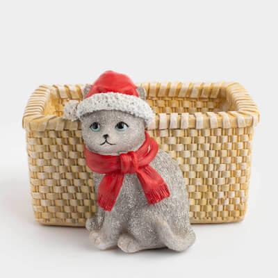 Конфетница, 18х13 см, полирезин, бежевая, Кот с корзиной, Christmas cat ,image-0