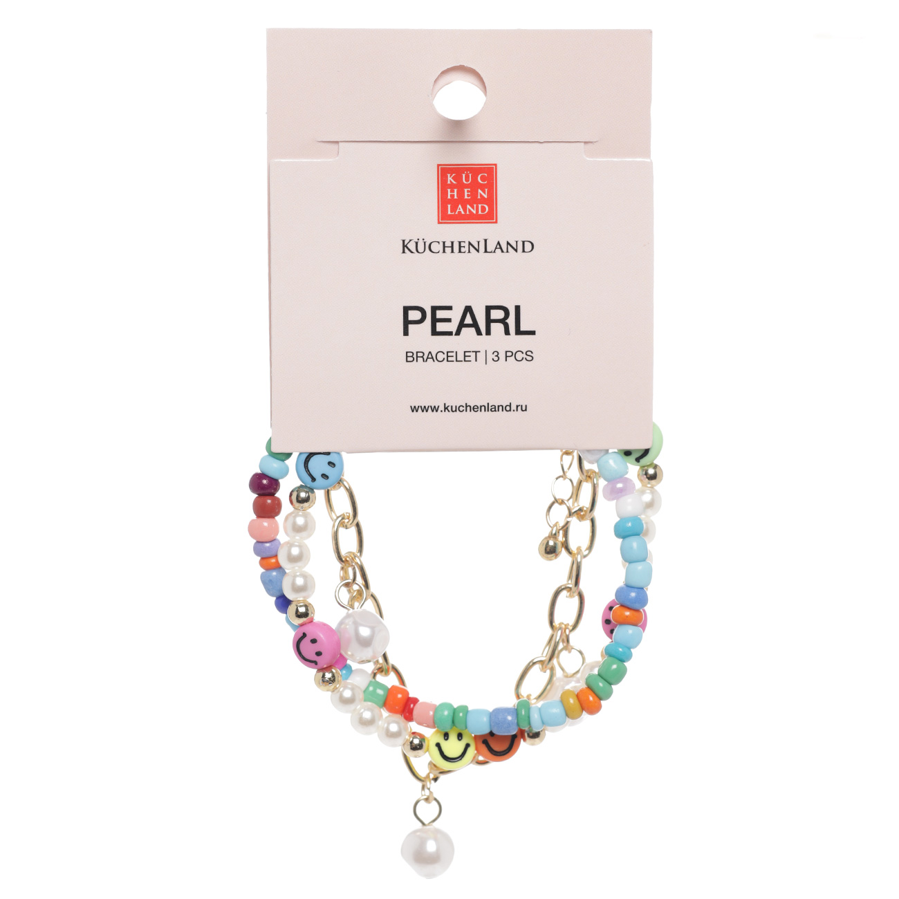 Браслет, 18/20 см, 3 шт, пластик/металл, микс, Смайлы и жемчуг, Pearl color, image-1