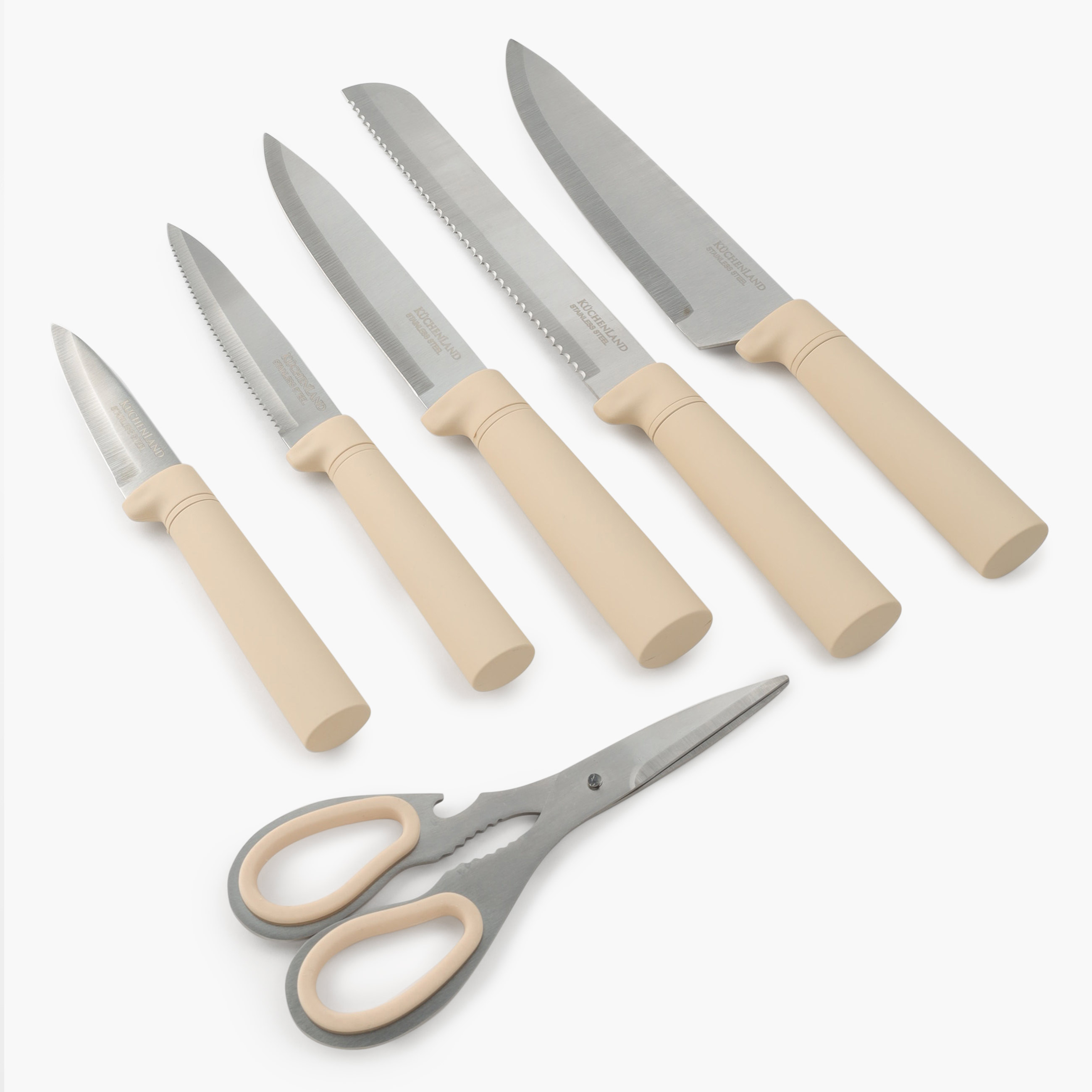 Набор ножей, 6 пр, в подставке, с ножницами, сталь/пластик, бежевый, Narol изображение № 2
