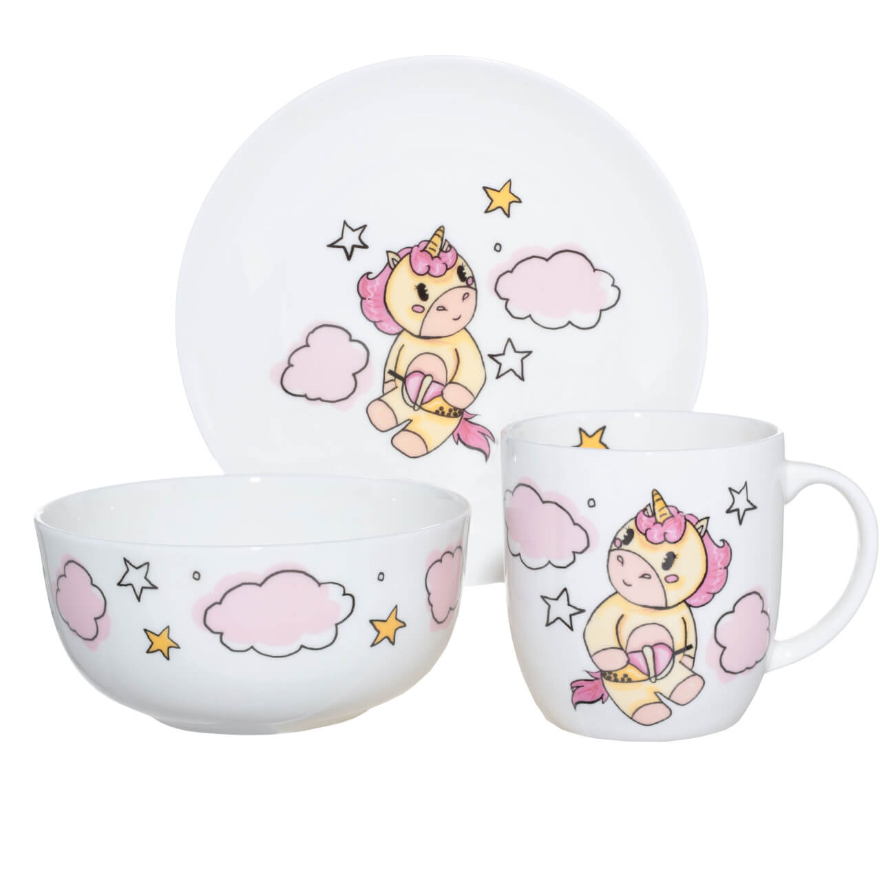 Набор посуды, детский, 3 пр, фарфор F, бело-розовый, Единорог в облаках, Unicorn набор для душа 3 пр детский в косметичке полиэстер сиреневый единорог unicorn