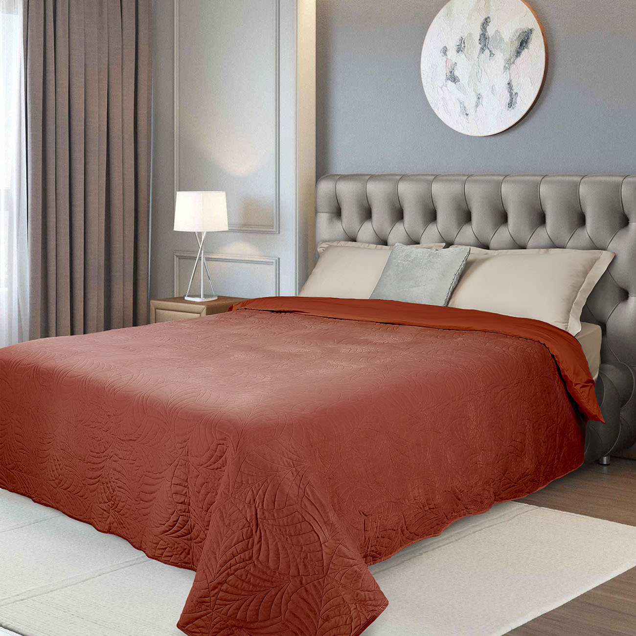 

Покрывало, 220х240 см, стеганое, вельвет/микрофибра, оранжевое, Листья, Stitch velvet