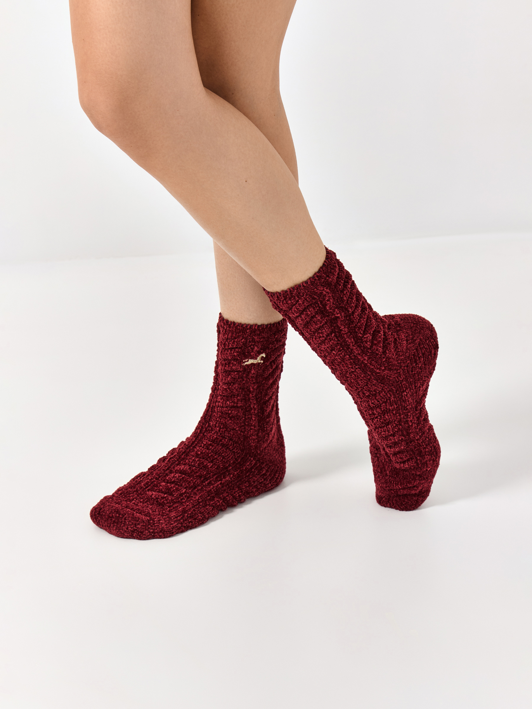 Носки женские, р. 36-38, шенилл, бордовые, Лошадь, Knitted chenill, image-4