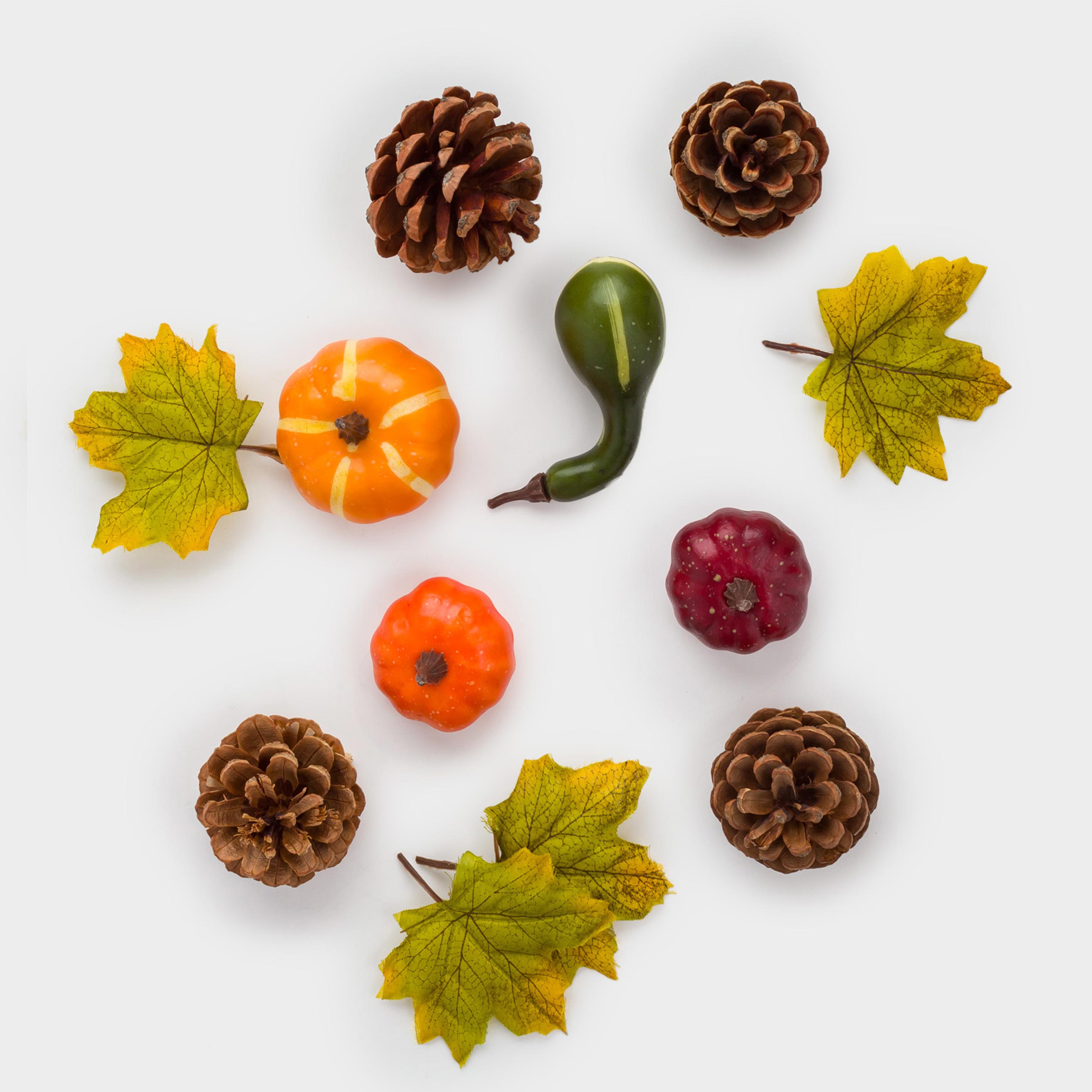 Набор декоративный 4 см 12 шт пенопласт Тыквы с шишками и листьями Autumn fusion 599₽