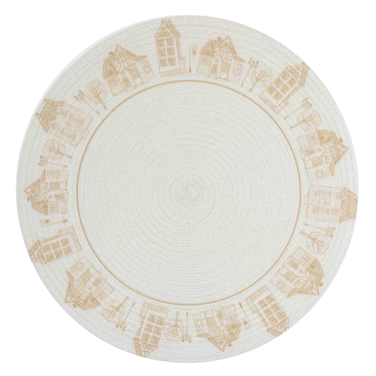 

Салфетка под приборы, 38 см, полиэстер, круглая, белая, Золотистые дома, Rotary print