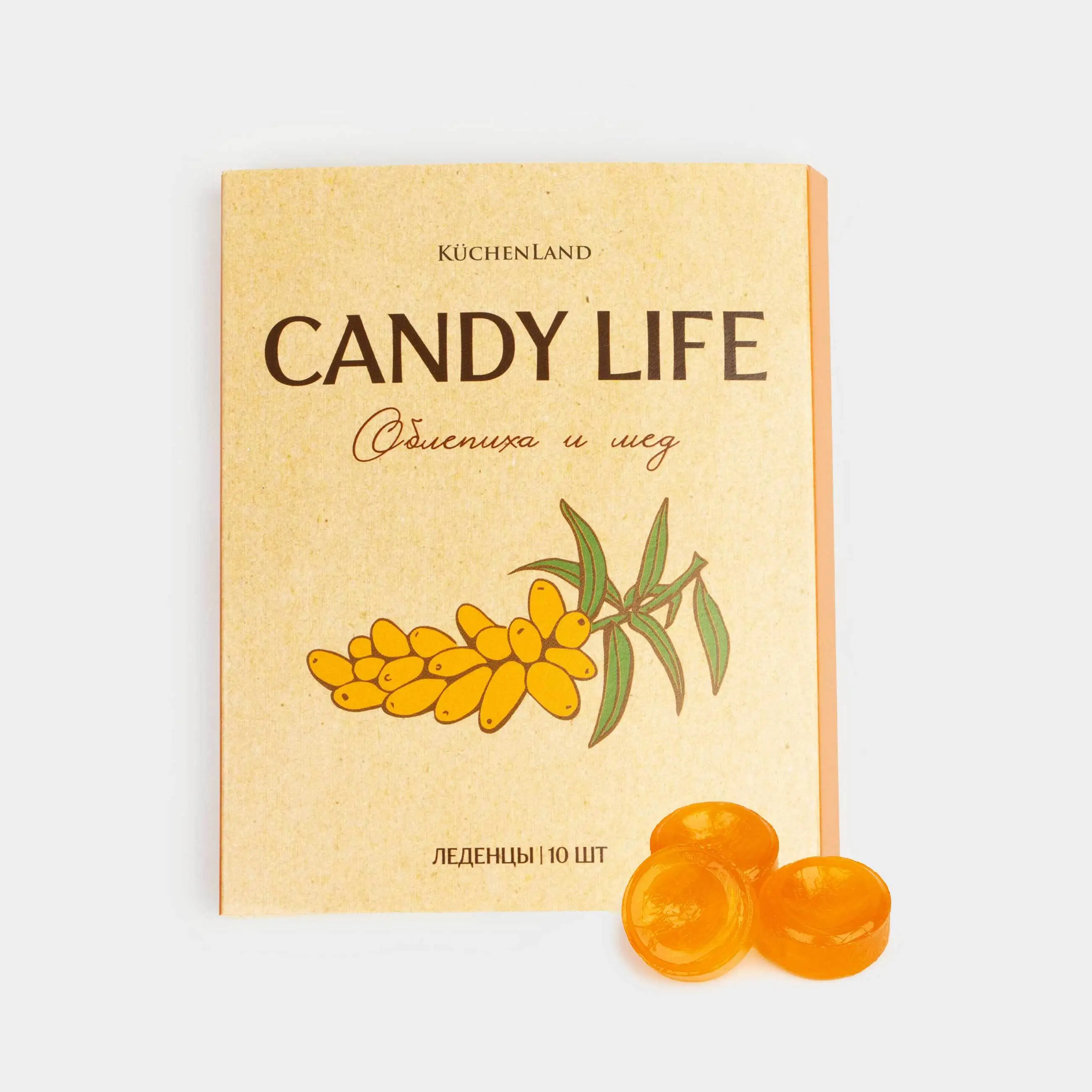 Леденец, 32 гр, 10 шт, без сахара, Облепиха и мед, Candy life