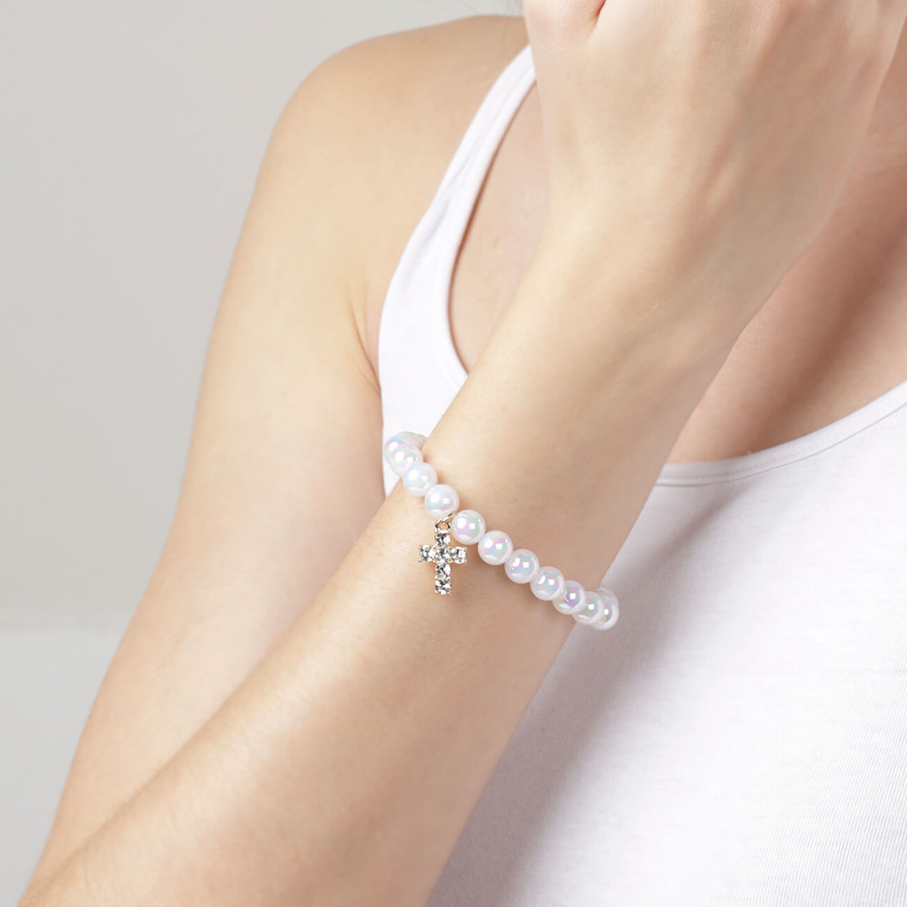 

Браслет, 6 см, акрил/металл, Жемчужины с крестиком, Pearl