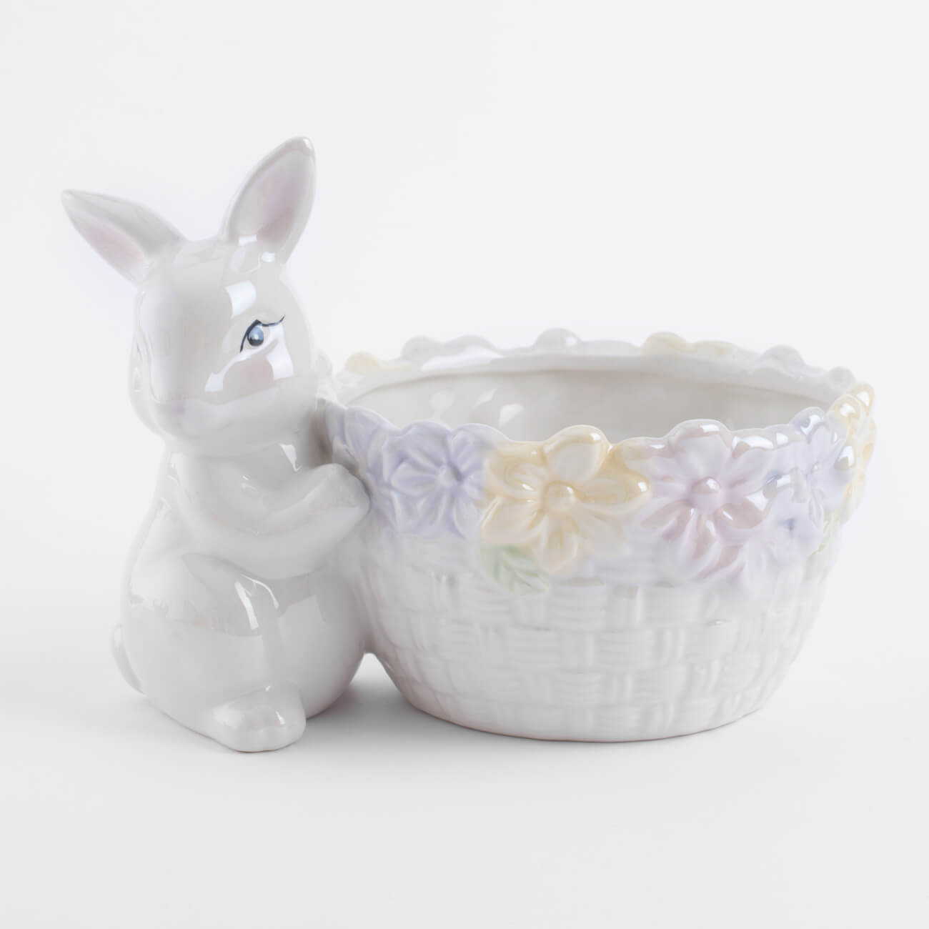 Конфетница, 18x13 см, керамика, молочная, Кролик с корзиной в цветах, Easter