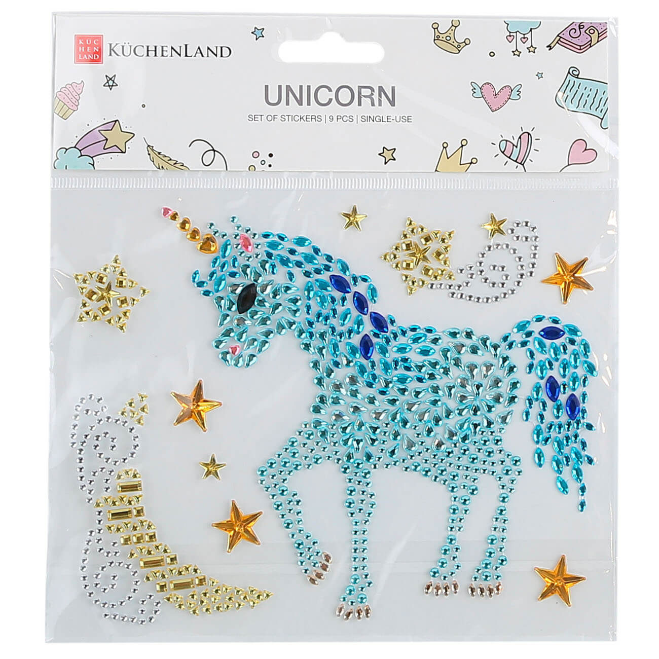 

Набор наклеек, 16х18 см, 11 шт, одноразовые, акрил, Единорог из страз, Unicorn