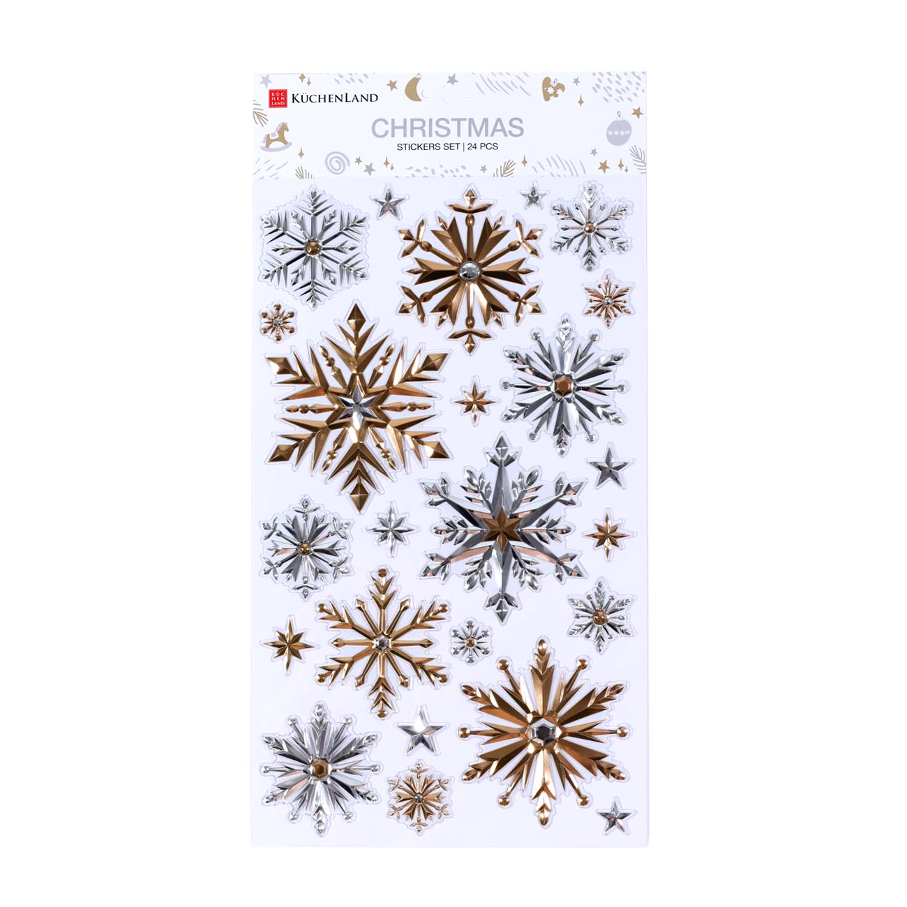 

Набор наклеек, 48х25 см, 24 шт, одноразовые, ПВХ/фольга, Снежинки, Christmas