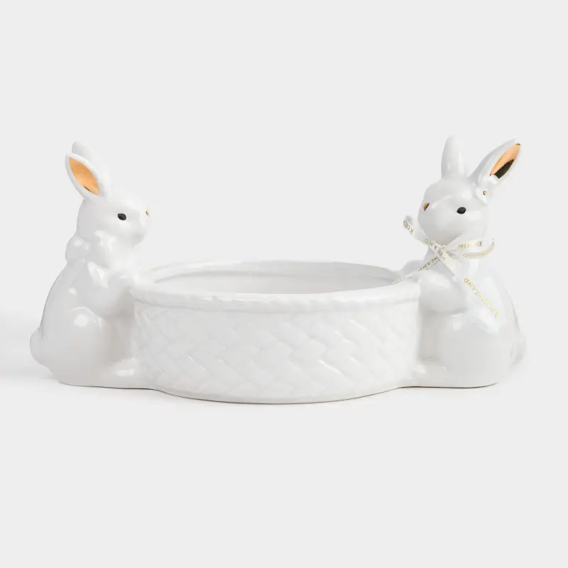 Конфетница, 29х14 см, керамика, бело-золотистая, Кролики с корзиной, Easter gold ,image-0