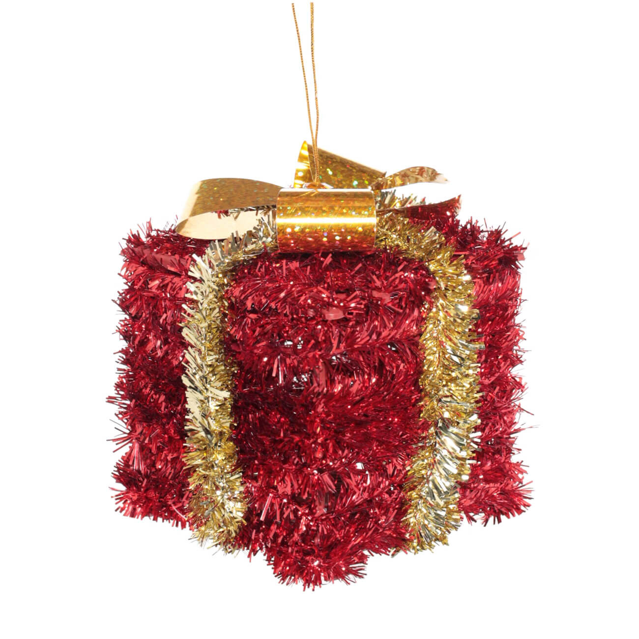 Игрушка елочная, 11 см, мишура/пластик, красно-золотистая, Подарок, Tinsel christmas - фото 1