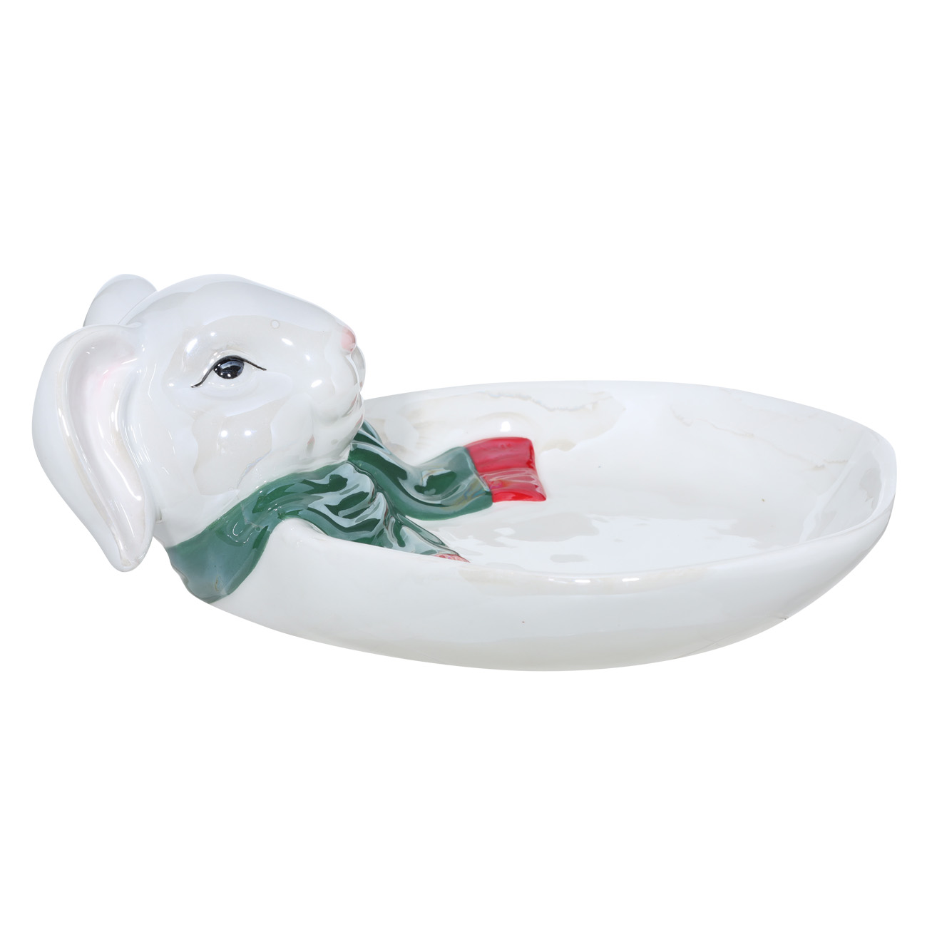 Блюдо, 22 см, керамика, белое, перламутр, Кролик с зеленым шарфом, Christmas glaze - фото 1
