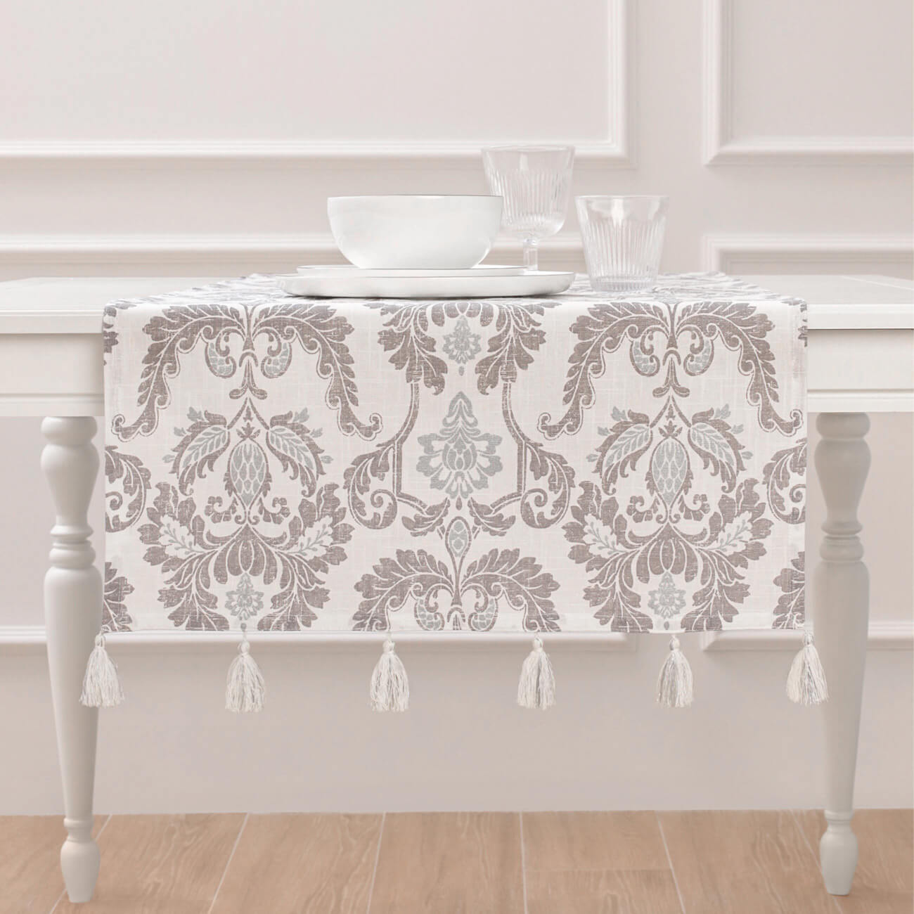 

Дорожка настольная, 50х140 см, хлопок, бело-серая, Орнамент, Damask