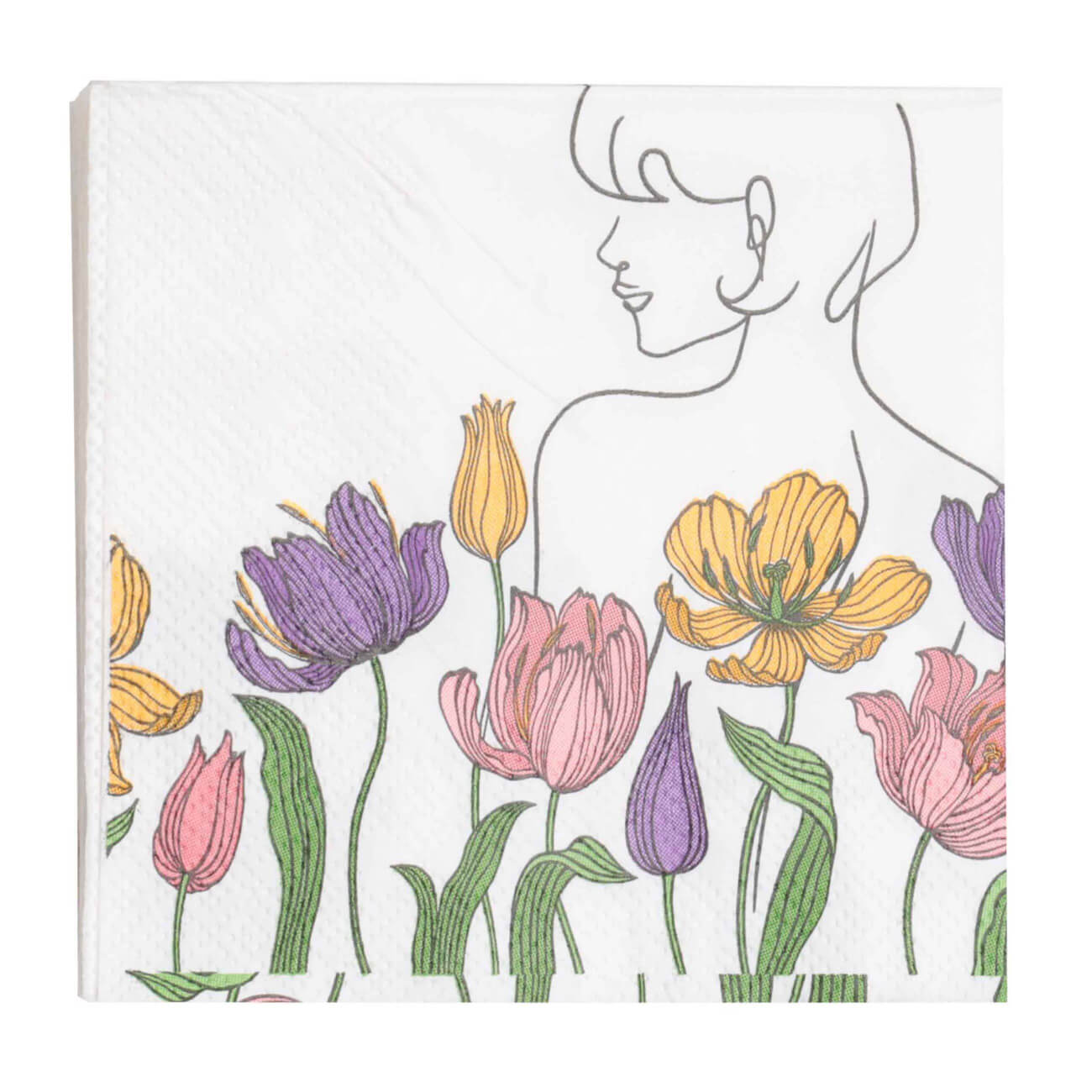 Салфетки бумажные, 21х21 см, 20 шт, квадратные, белые, Женский силуэт в цветах, Secret garden