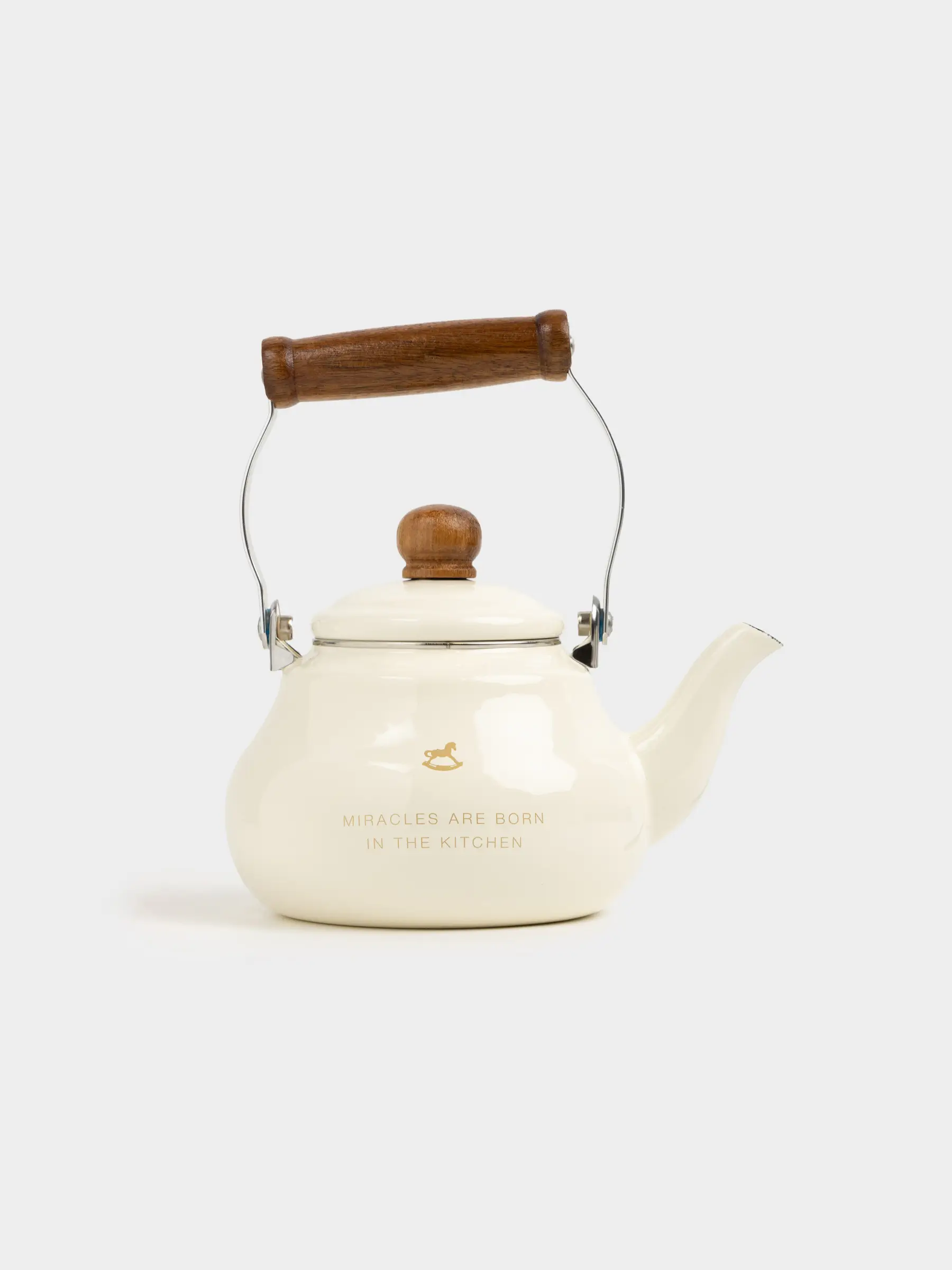 Чайник, 1,2 л, со свистком, металл эмалированный/дерево, молочный, Лошадь, Enamel