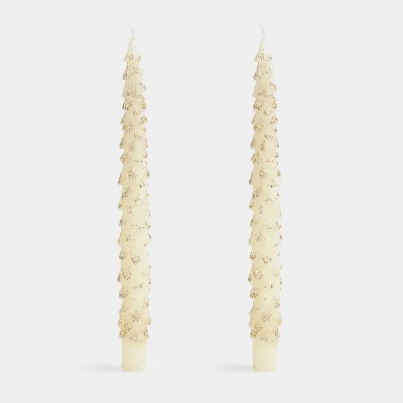 Свеча, 25 см, 2 шт, тонкая, с блестками, молочная, Ель, Fir candle, image-0