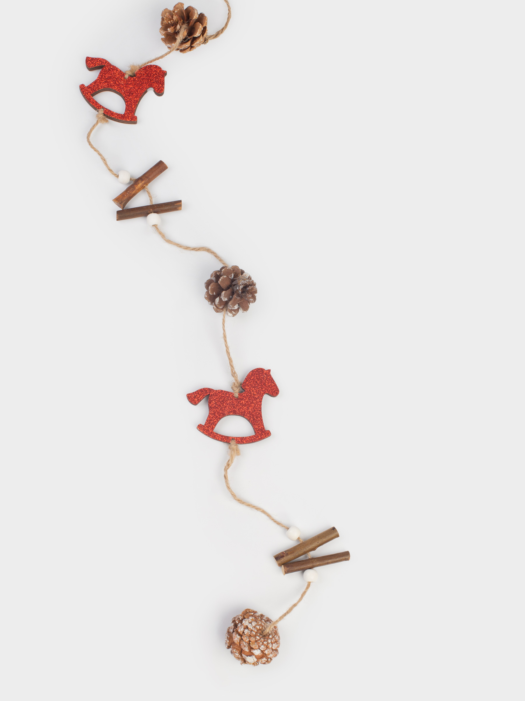 Гирлянда декоративная, 1 м, дерево, с блестками, Лошадки с шишками, Figure wood, image-1