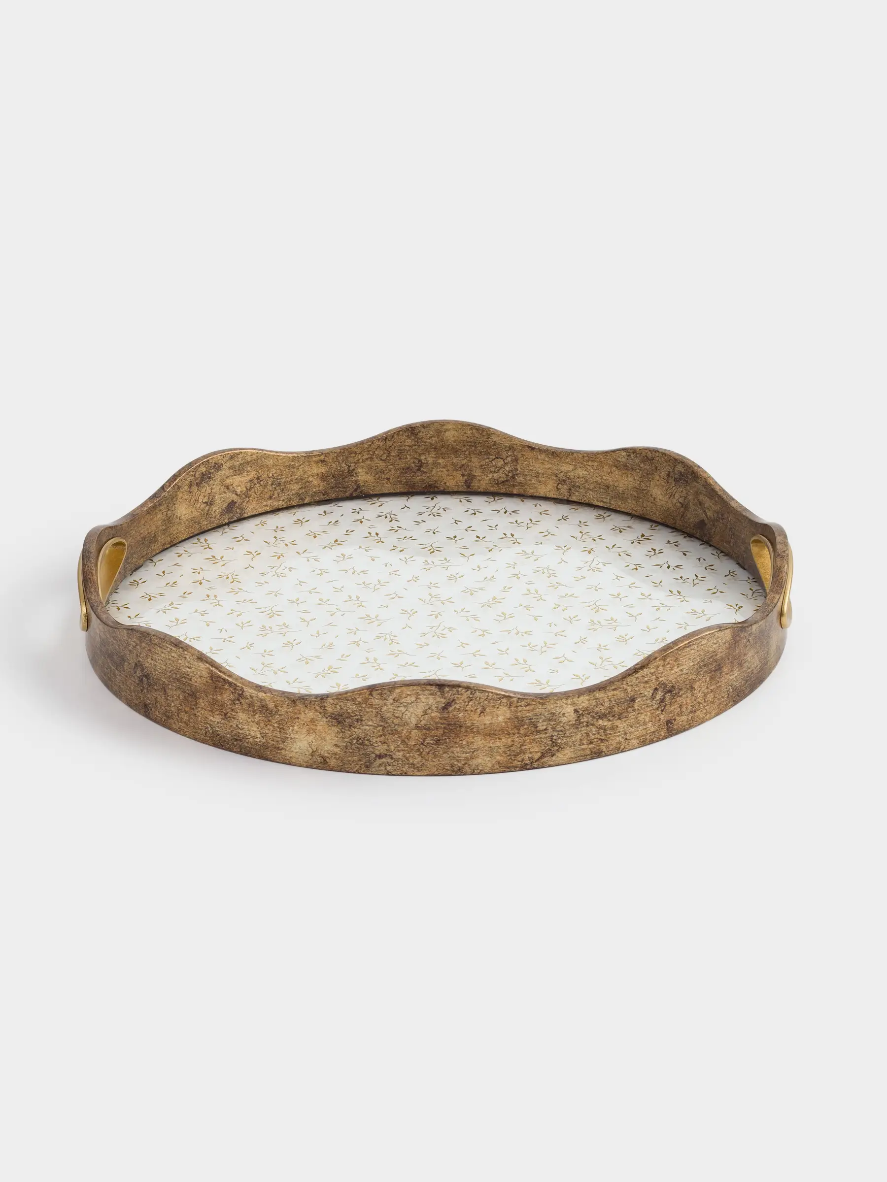 Поднос, 35 см, пластик/стекло, круглый, золотистый, Цветы, Floral, image-0