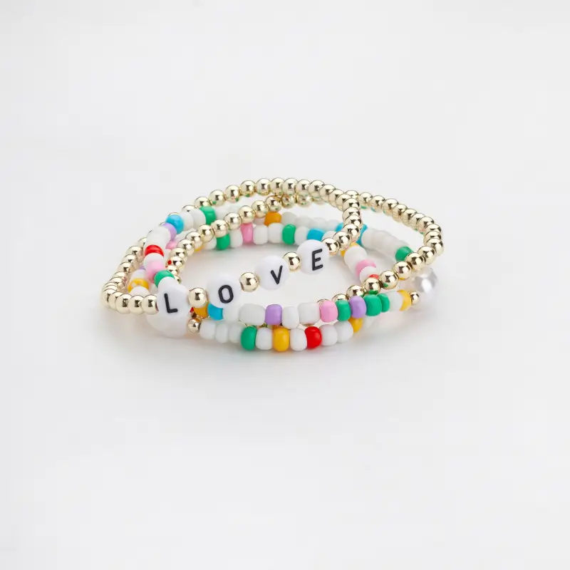 Набор браслетов, 6 см, 4 шт, пластик/стекло, золотистый/цветной, Love, Pearl color ,image-0