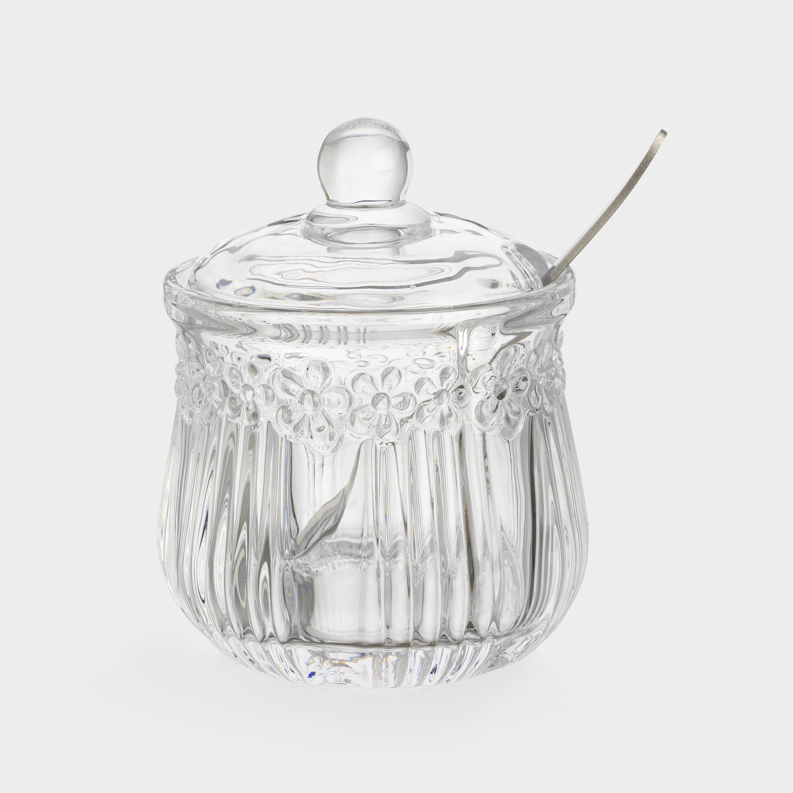Сахарница 11 см 150 мл с ложкой стекло Рметалл Цветы Clear pattern 899₽