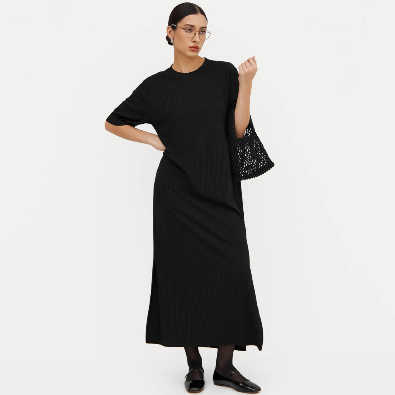 Платье женское, макси, р. S, с коротким рукавом, в рубчик, полиэстер/вискоза, черное, Rhea - фото 1