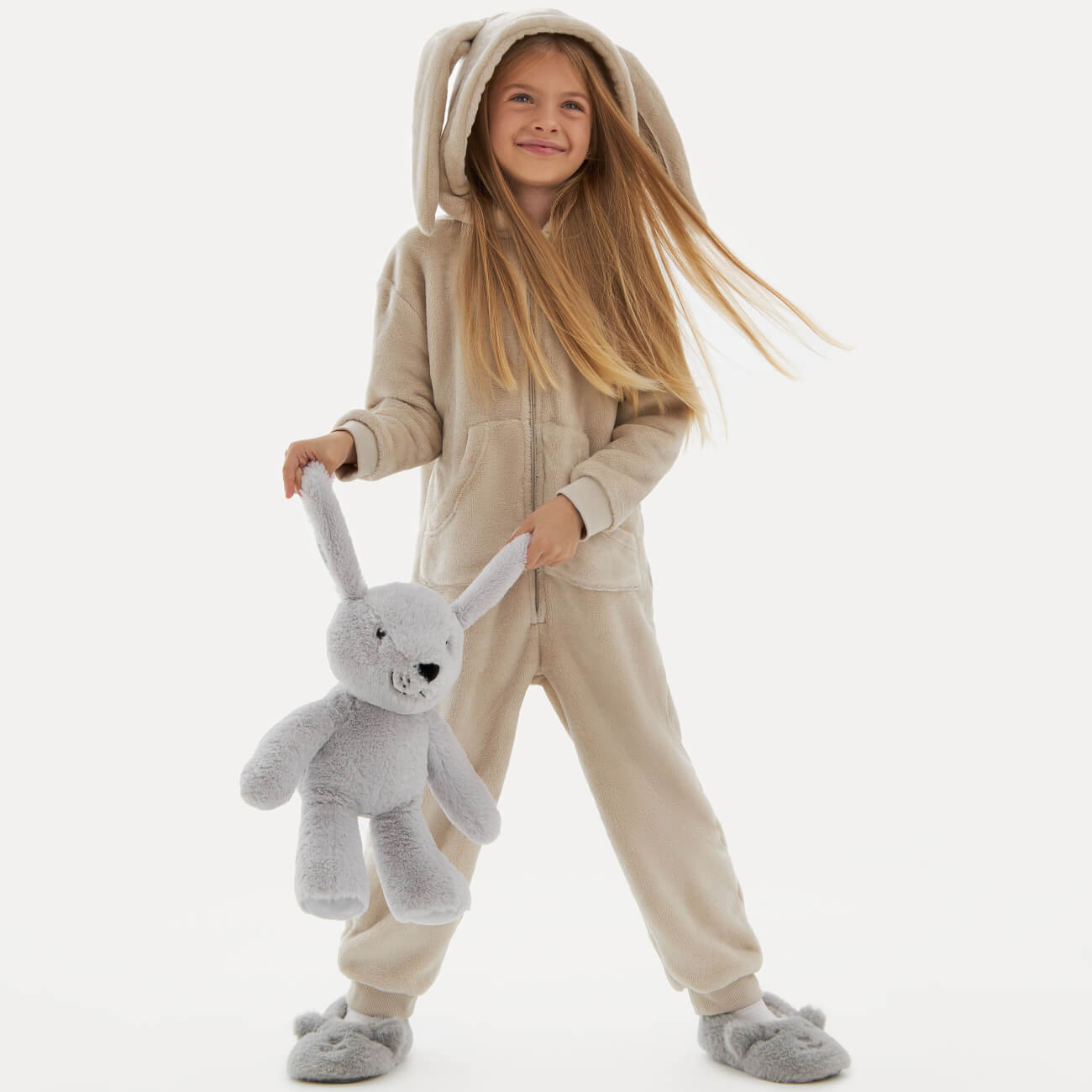 Комбинезон детский, домашний, 122-128 см, с капюшоном, флис, серый, Кролик, Annie - фото 1