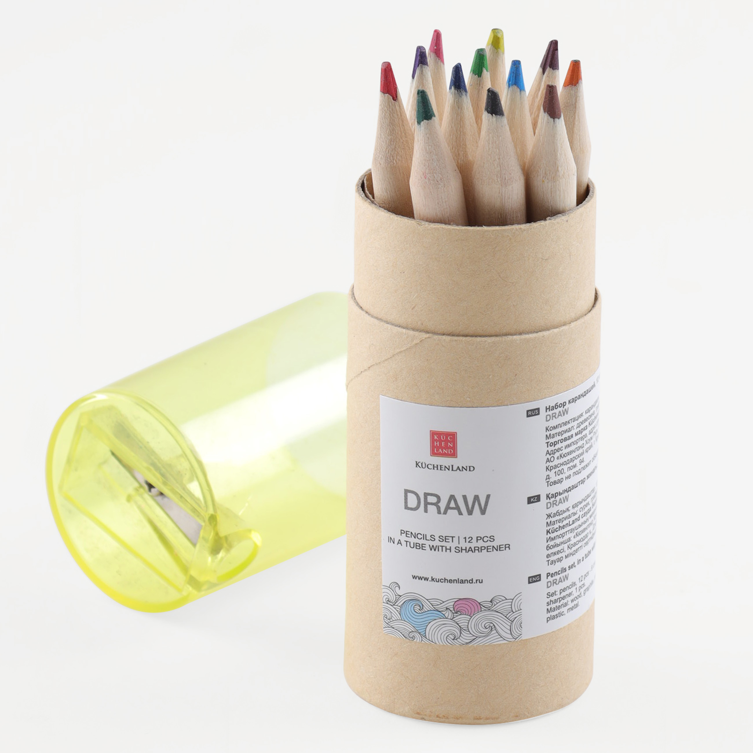 Набор карандашей, 12 шт, цветные, в тубе с точилкой, Draw изображение № 4