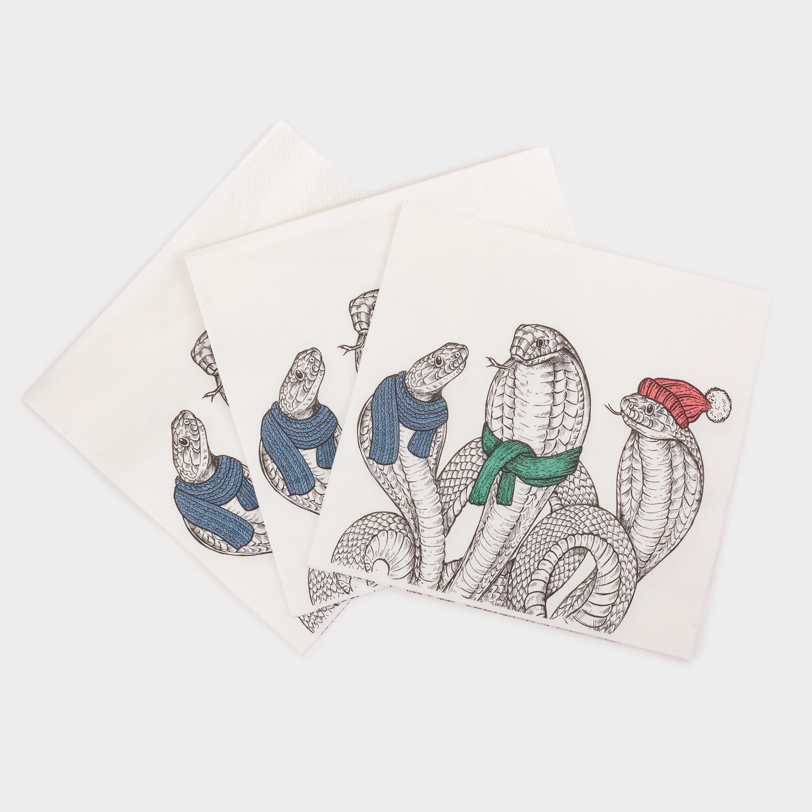 Салфетки бумажные, 33х33 см, 20 шт, квадратные, белые, Змеи в шарфах и в шапке, Snake trio, image-2