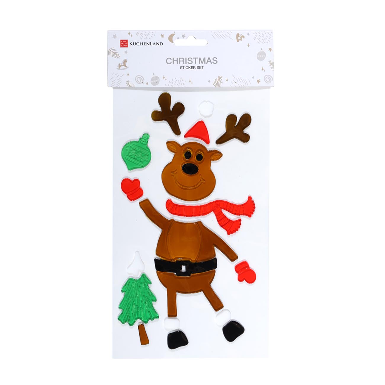 

Набор наклеек, 15х25 см, многоразовые, термопластик, Олень с игрушкой, Christmas