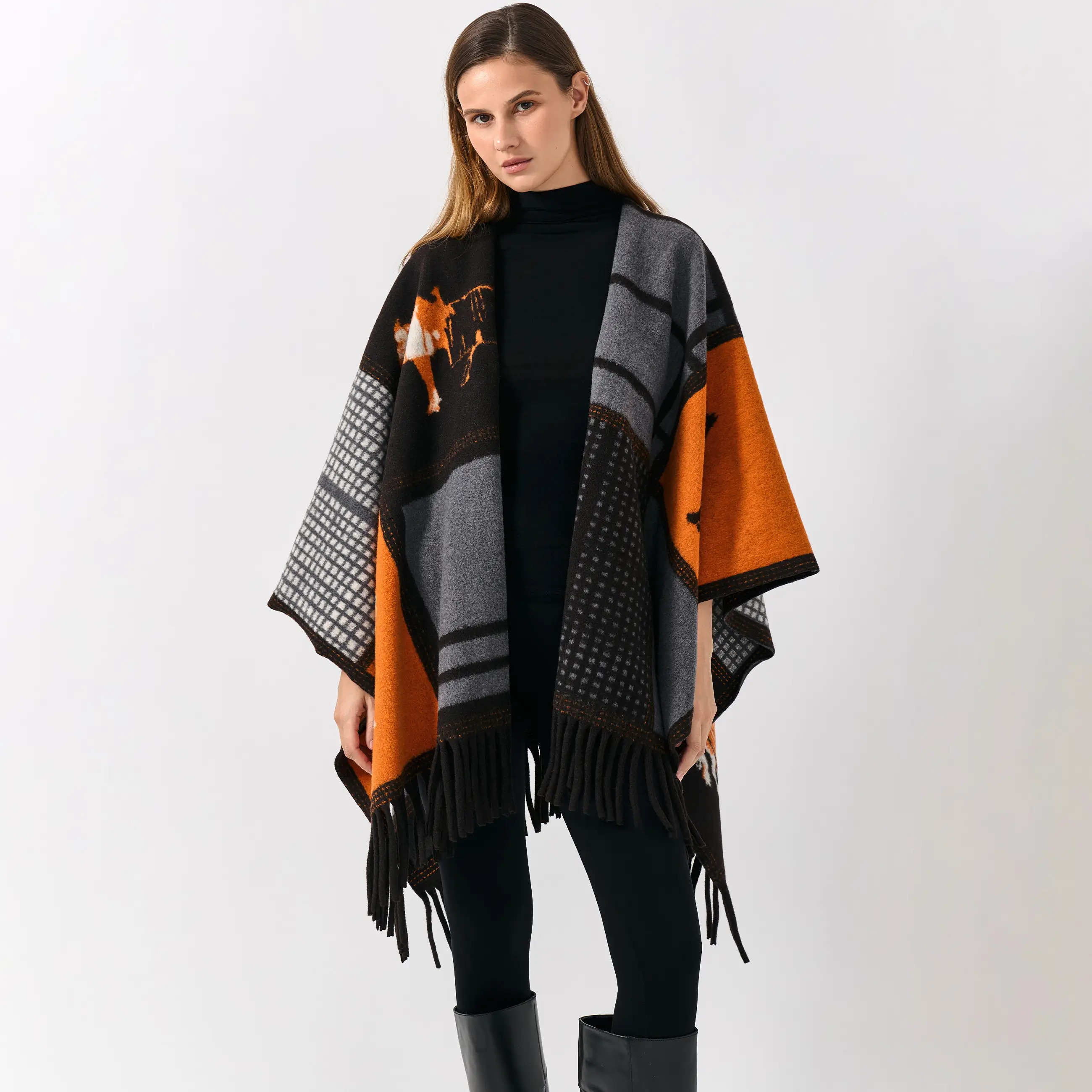 Пончо, 130х160 см, с бахромой, полиэстер, черно-оранжевое, Лошадь, Poncho
