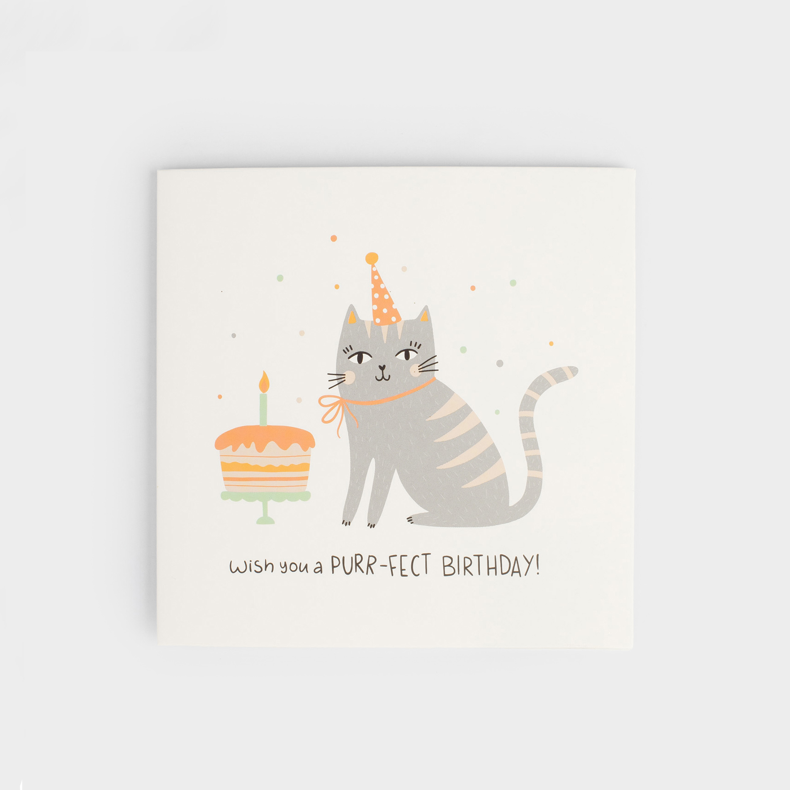Открытка подарочная, 12х12 см, бумага, белая, Кот с тортом, Birthday