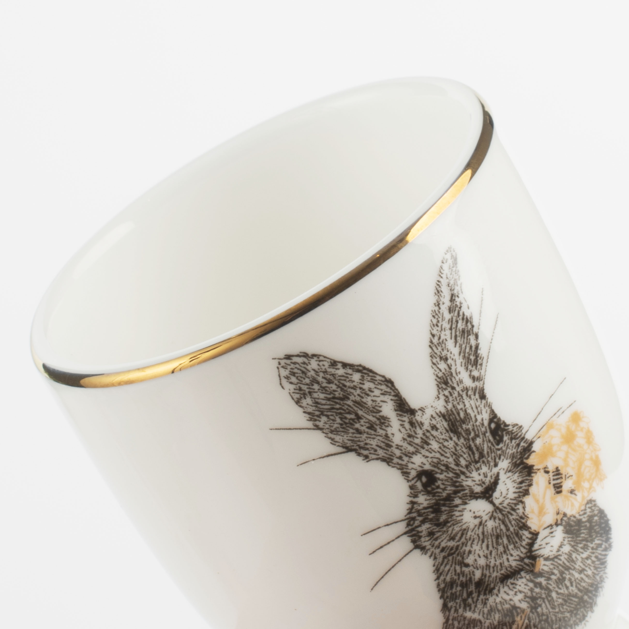 Подставка для яйца, 7 см, фарфор F, белая, с золотистым кантом, Кролик с цветами, Rabbit gold изображение № 4