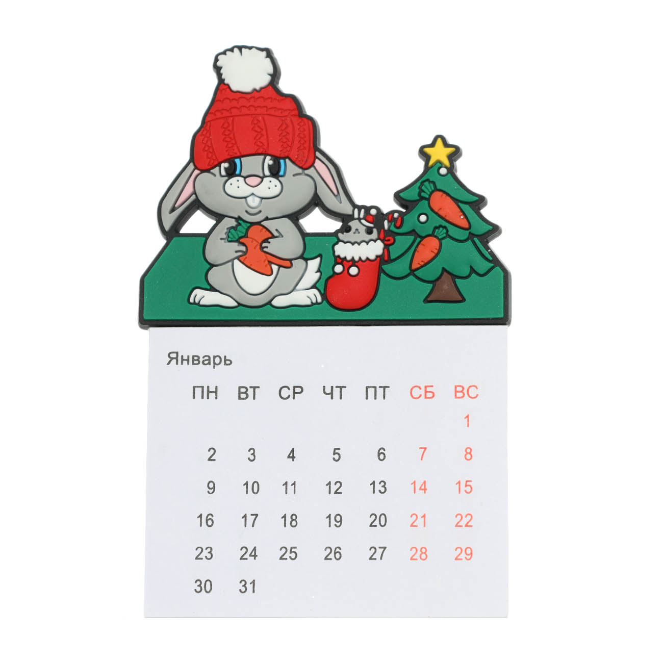 Магнит с календарем, 9 см, резина/бумага, Кролик и елка, Rabbit
