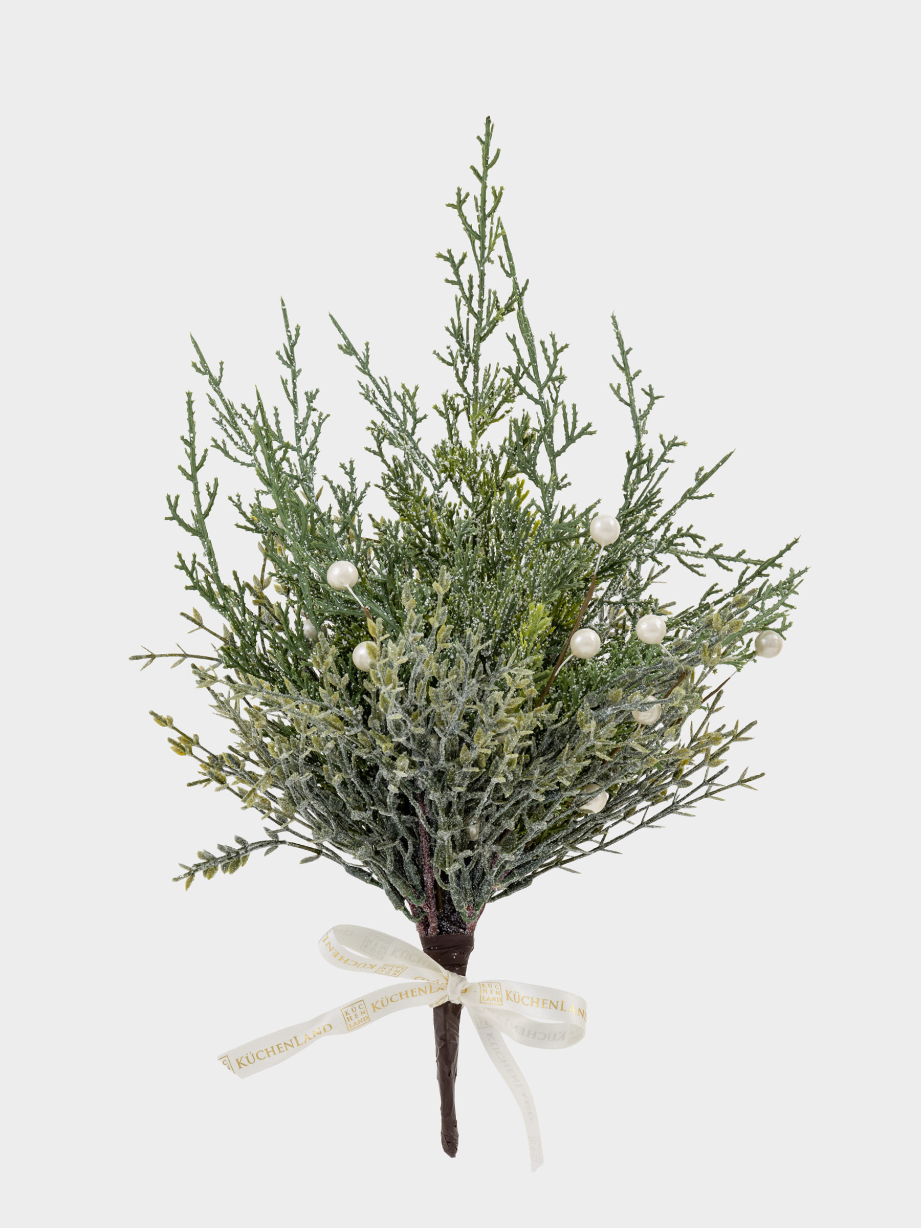 Букет декоративный, 40 см, пластик, Хвоя с белым жемчугом, Conifer pearl decor, image-0