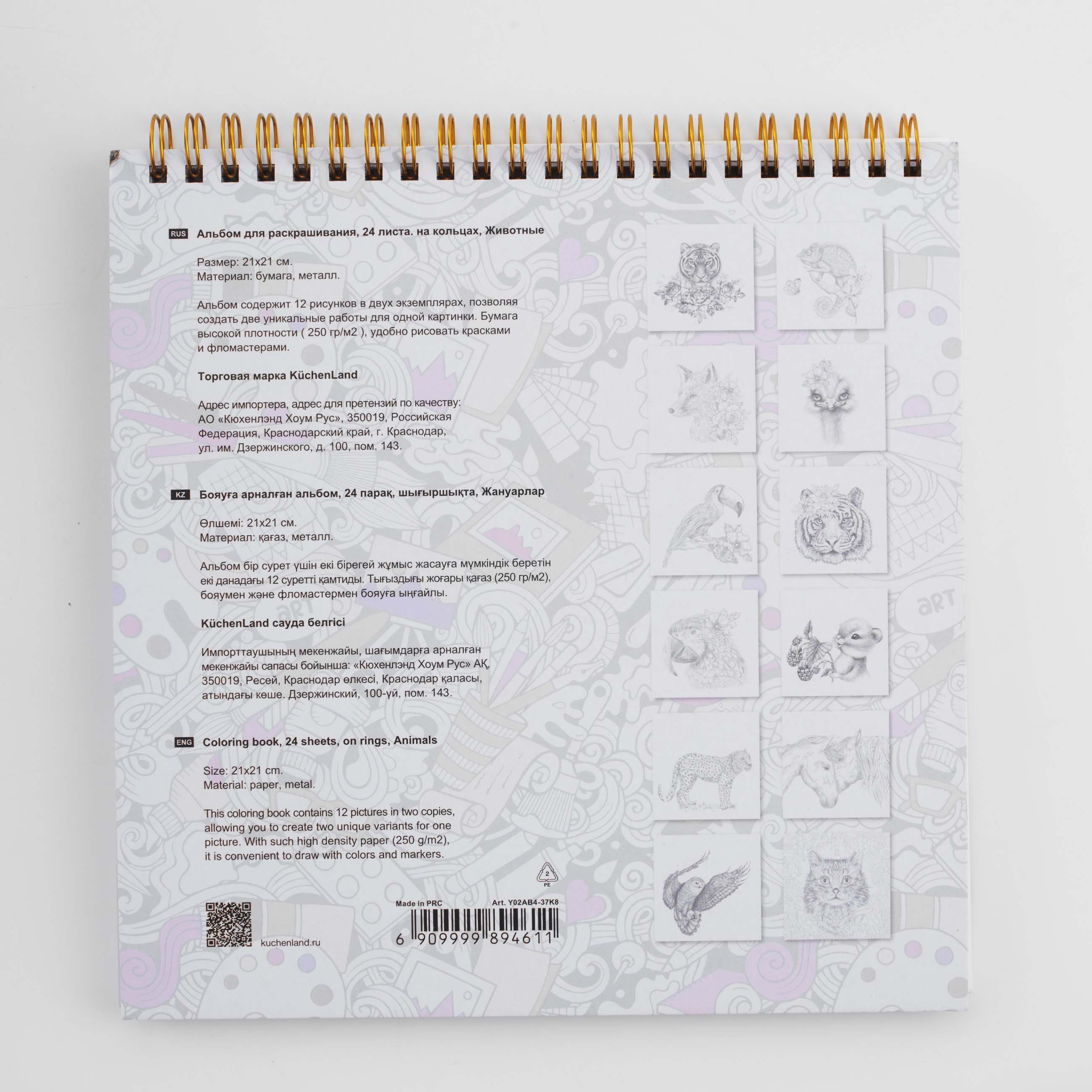 Альбом для раскрашивания, 21х21 см, 24 листа, на кольцах, Животные, Draw creative, image-3