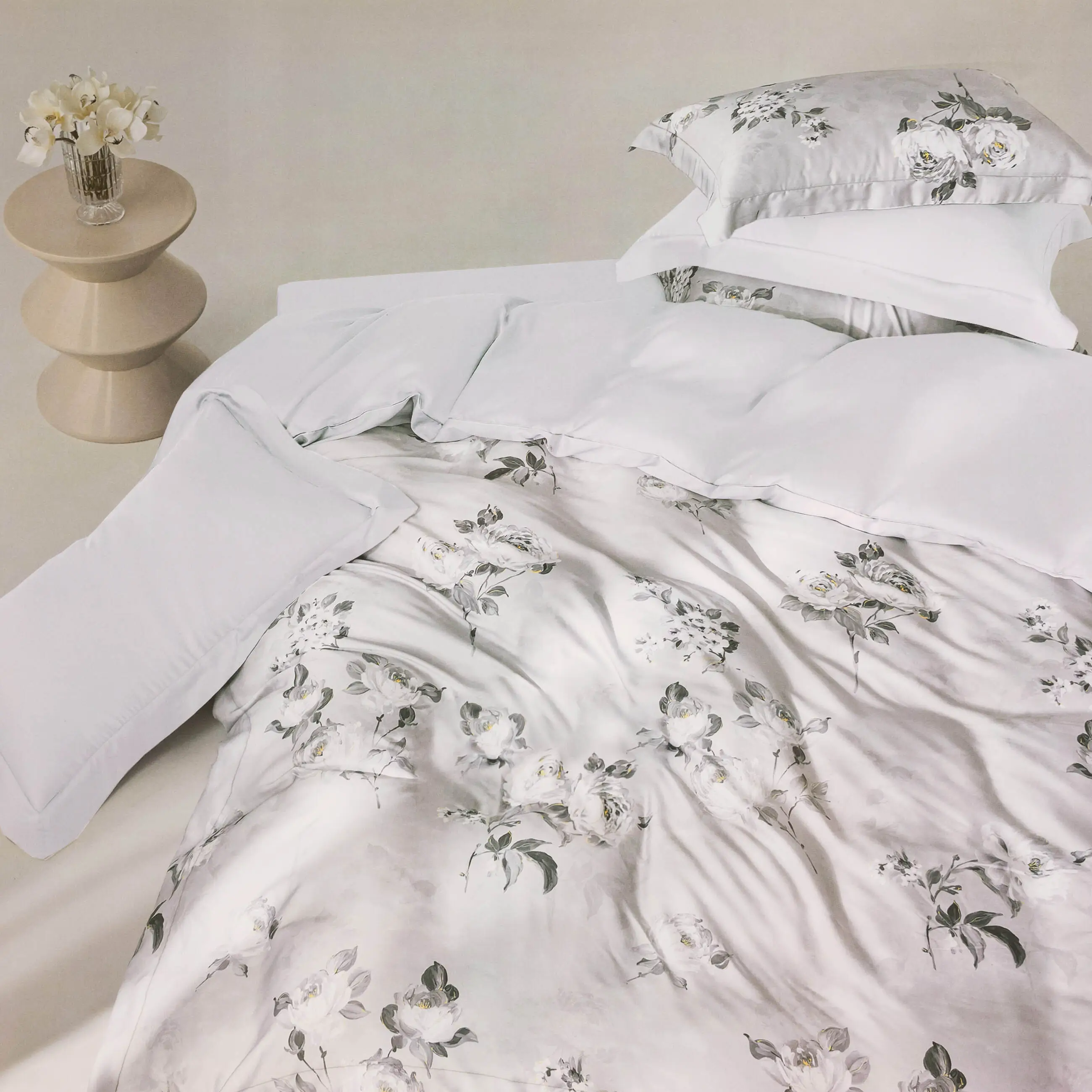КПБ евро, тенсель 300 ТС, светло-серый, Цветы, Tencel