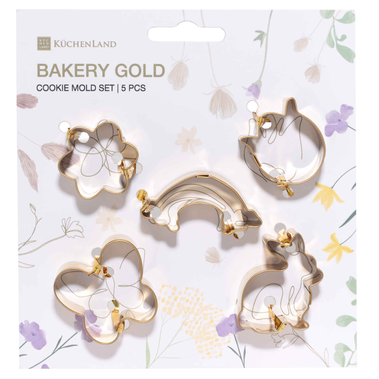 Набор форм для печенья, 5 шт, сталь, золотистый, Кролик/Бабочка/Цветы/Радуга, Bakery gold