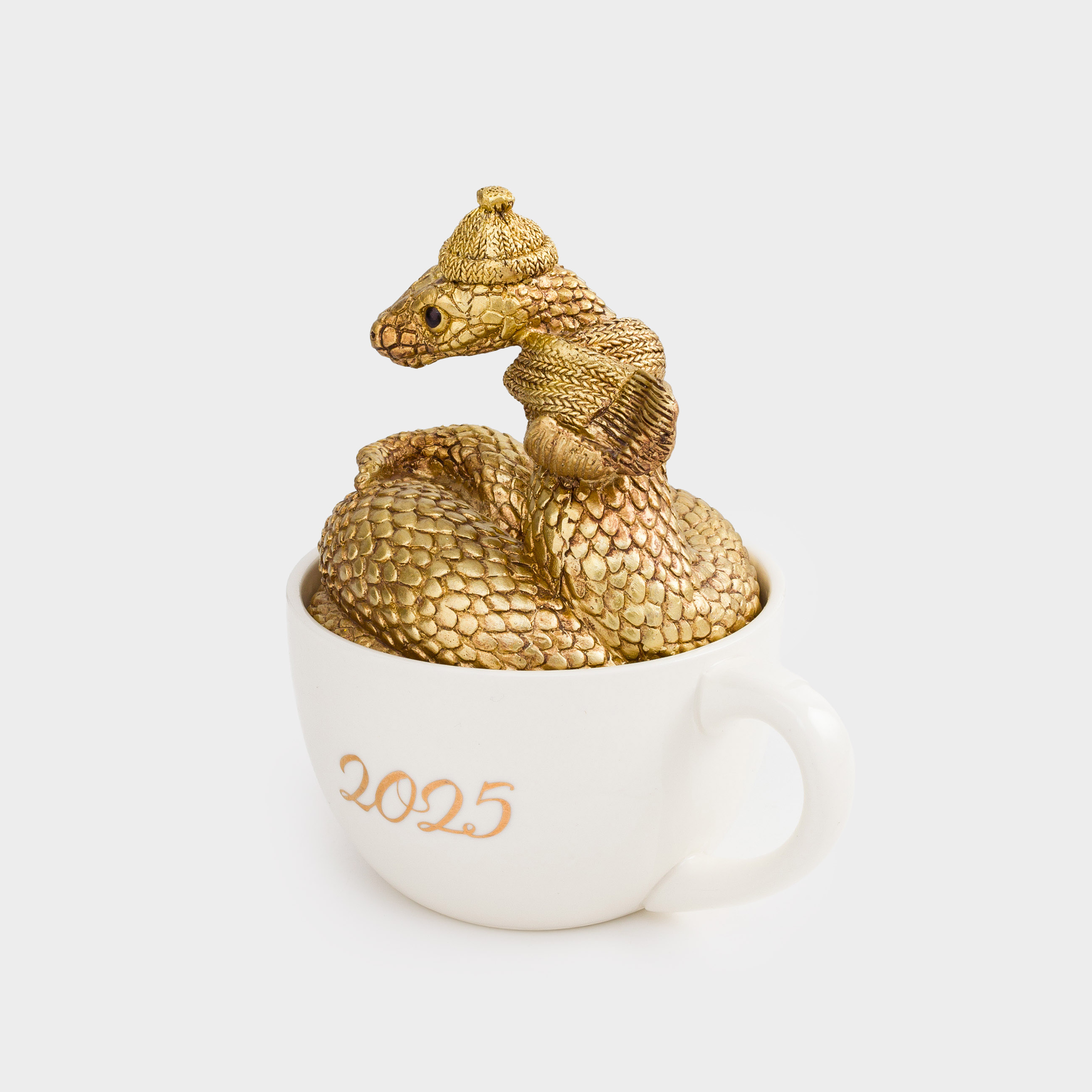 Статуэтка, 14 см, полирезин/керамика, золотисто-белая, Змея в кружке, Snake gold, image-1