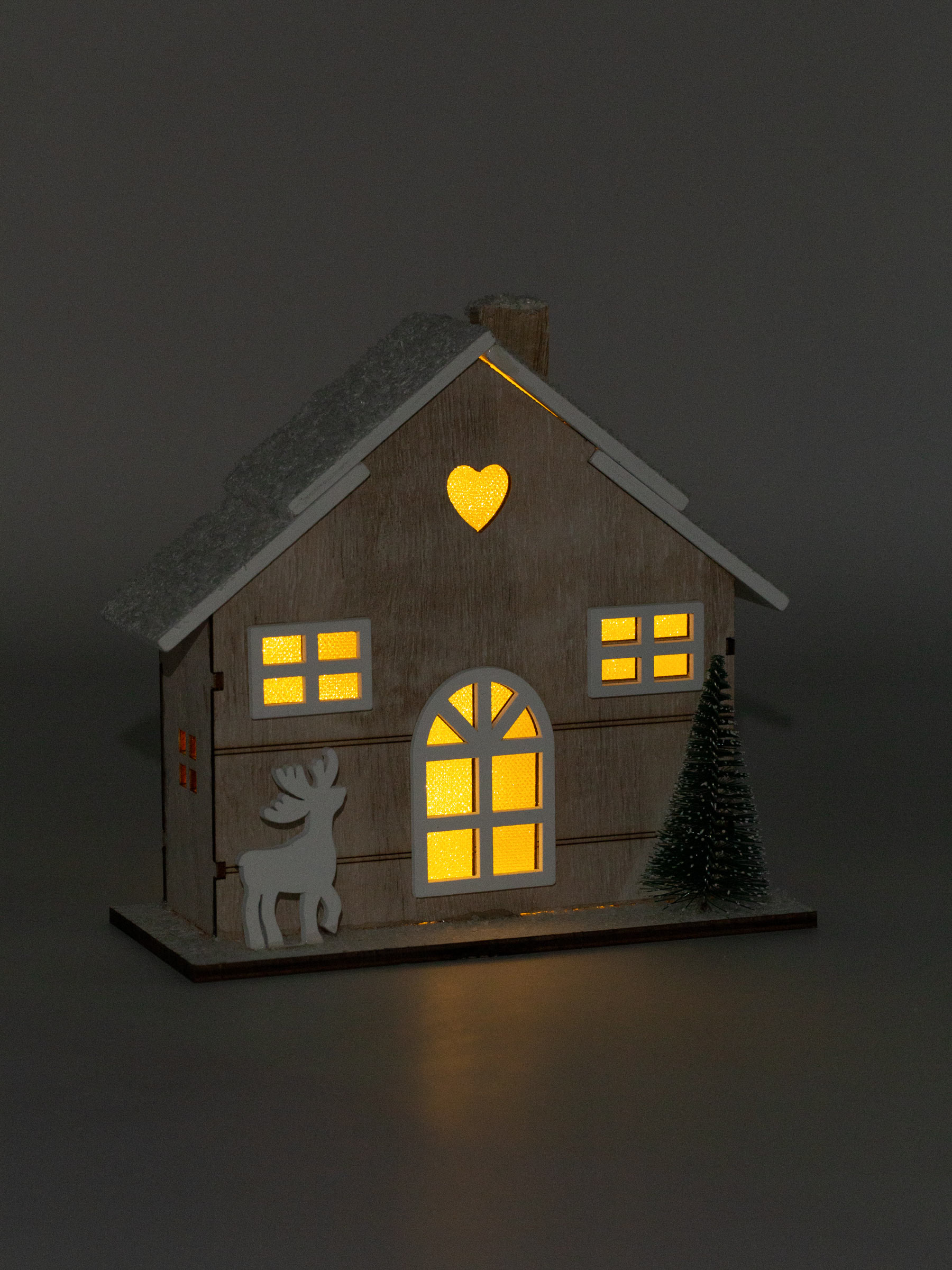 Статуэтка с подсветкой, 19х18 см, МДФ, бежевая, Домик с оленем, Figure wood, image-5